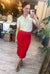 Popcorn Textured Elastic Waist Midi Skirt in Flame Scarlet