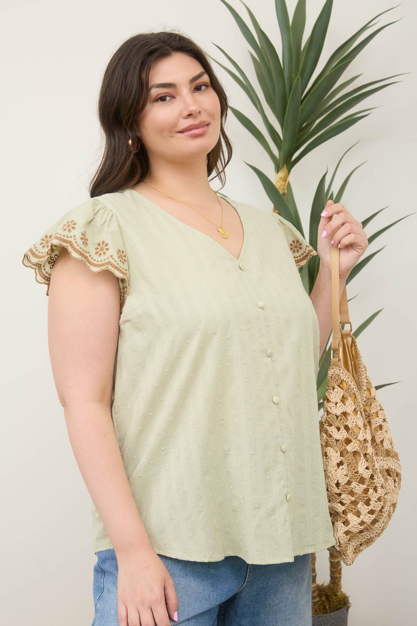 Stipe Swiss Dot Contrast Floral Blouse with Buttons in Sage