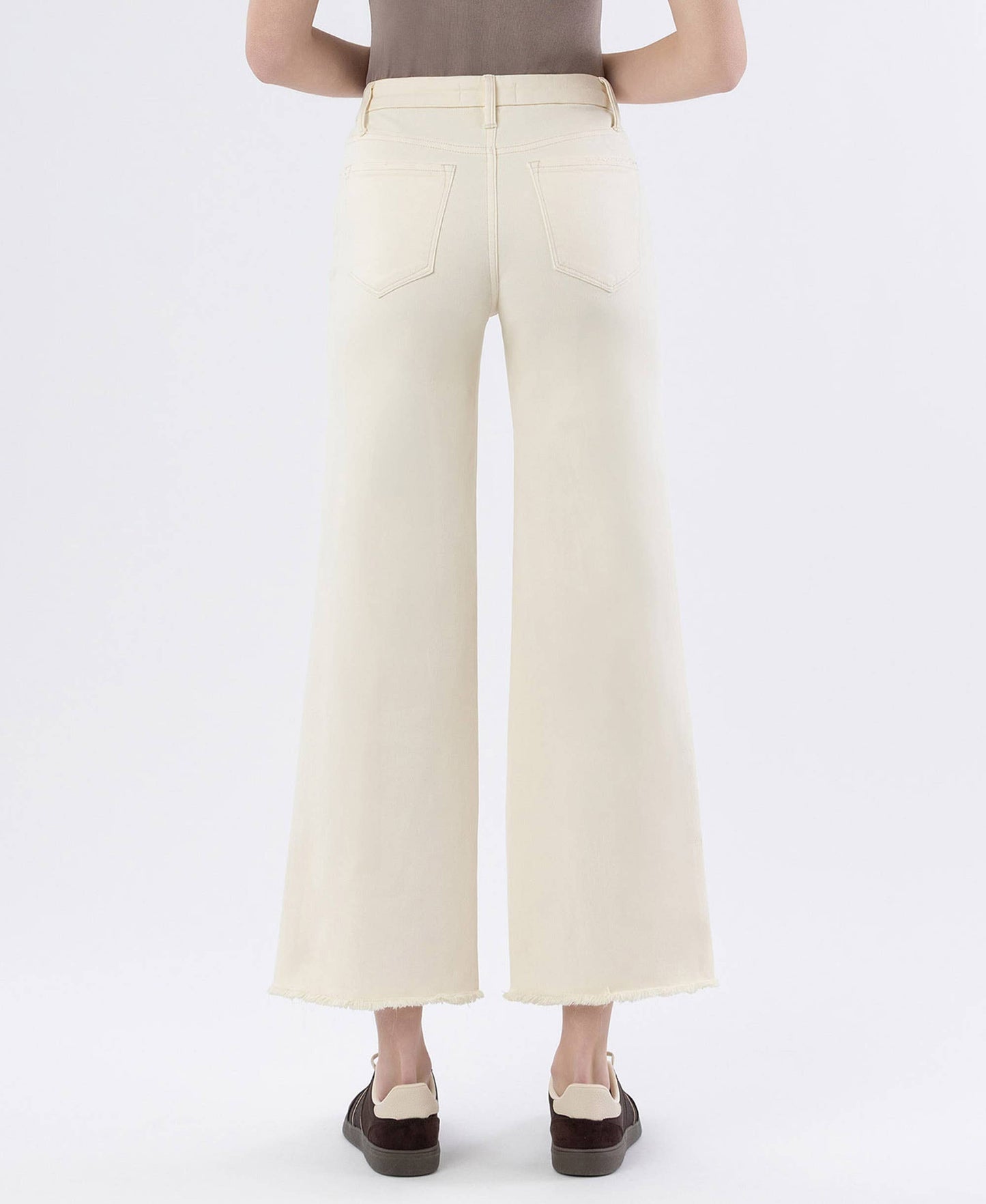High Rise Raw Hem Ankle Wide Leg Denim in Off White by Lovervet