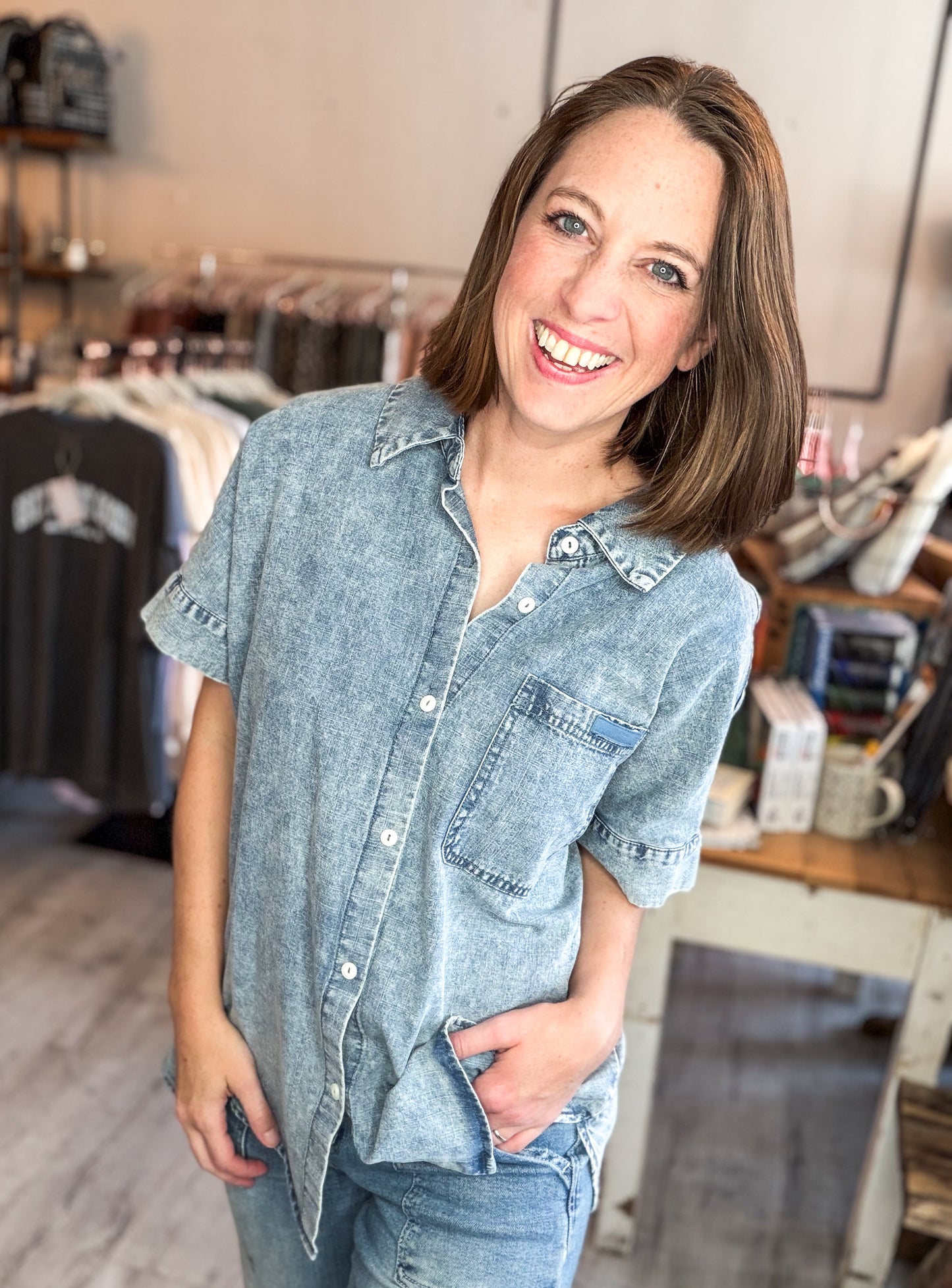 Mineral Washed Chambray Oversized Shirt Top in Indigo