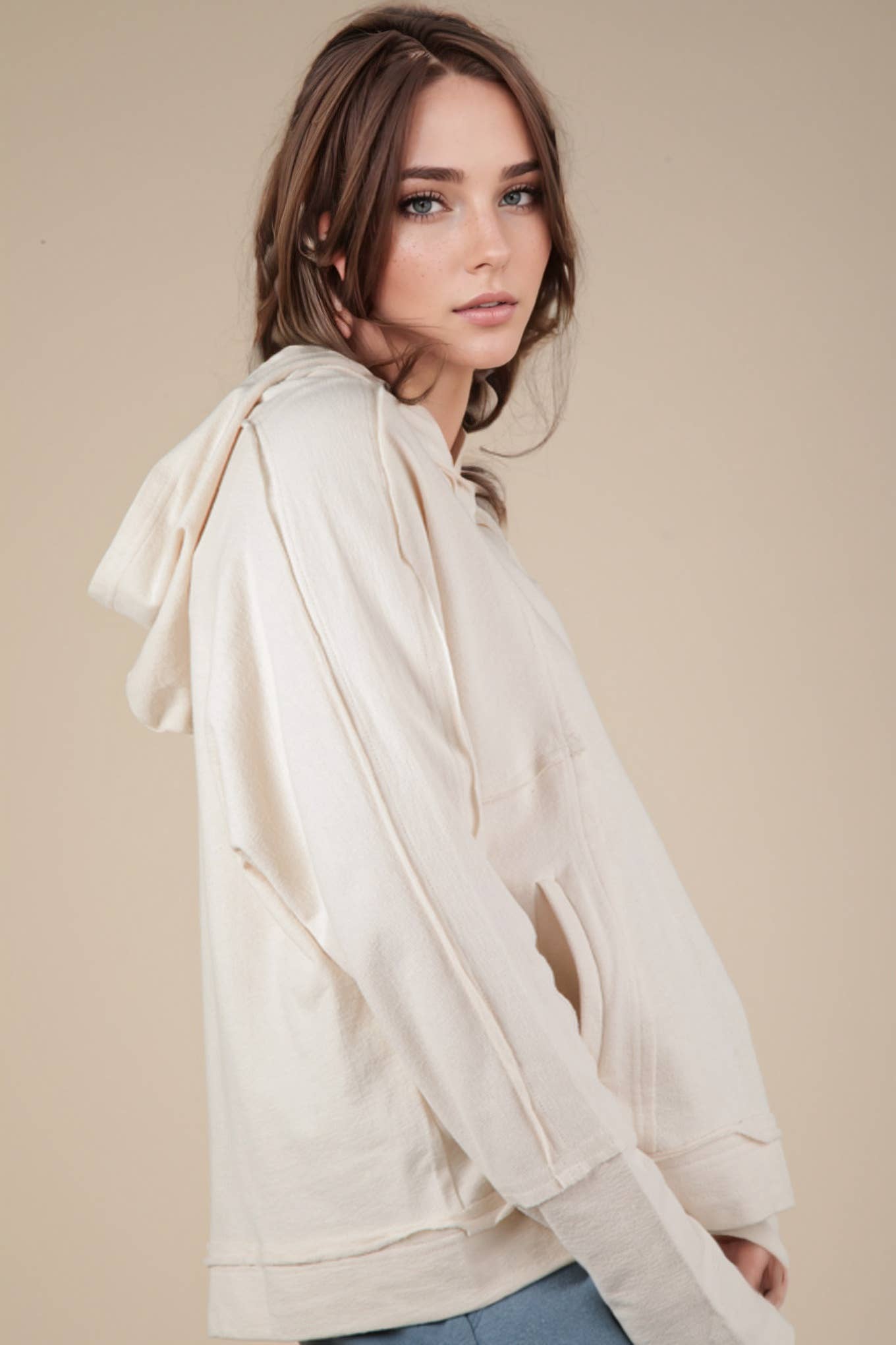 Raw Edge Cute Detail Hoodie Knit Top in Oatmeal