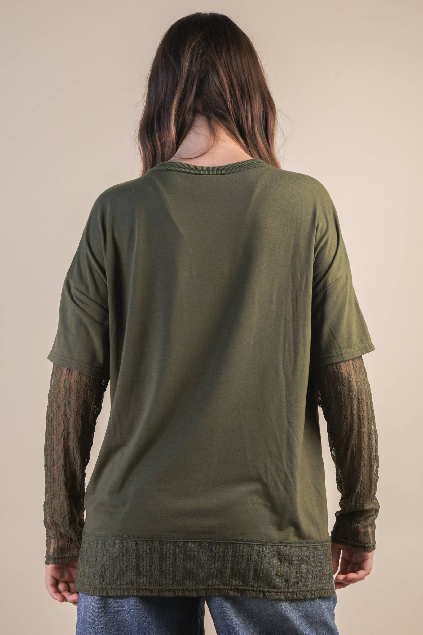 Oversized Casual Knit Top W/ Lace in Olive, Black or Wine