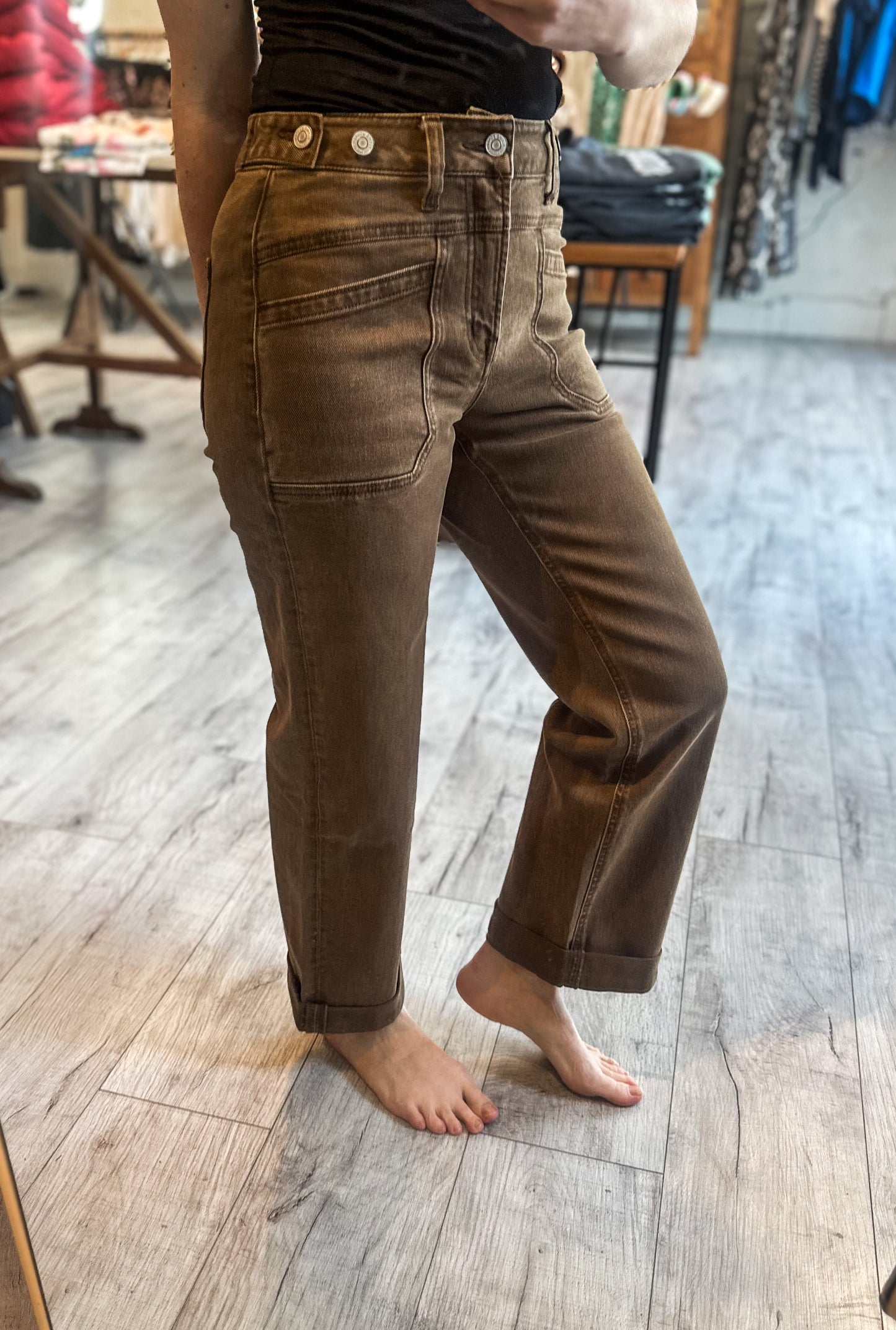 High Rise Tabbed Slim Wide Denim in Coffee by Flying Monkey