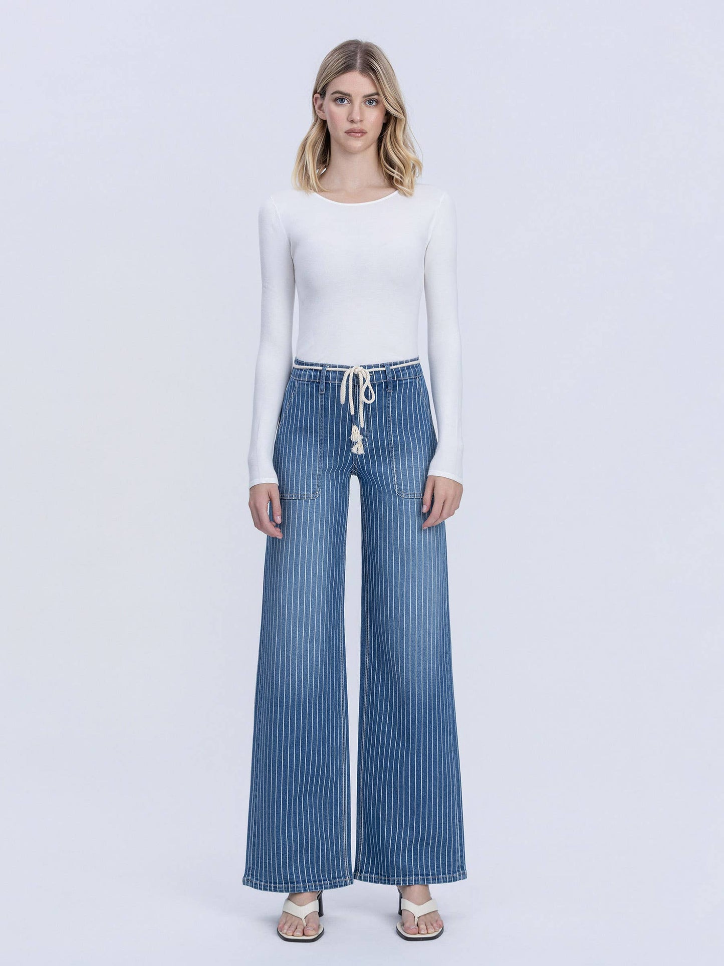 High Rise Drawcord Stripe Wide Denim by Lovervet