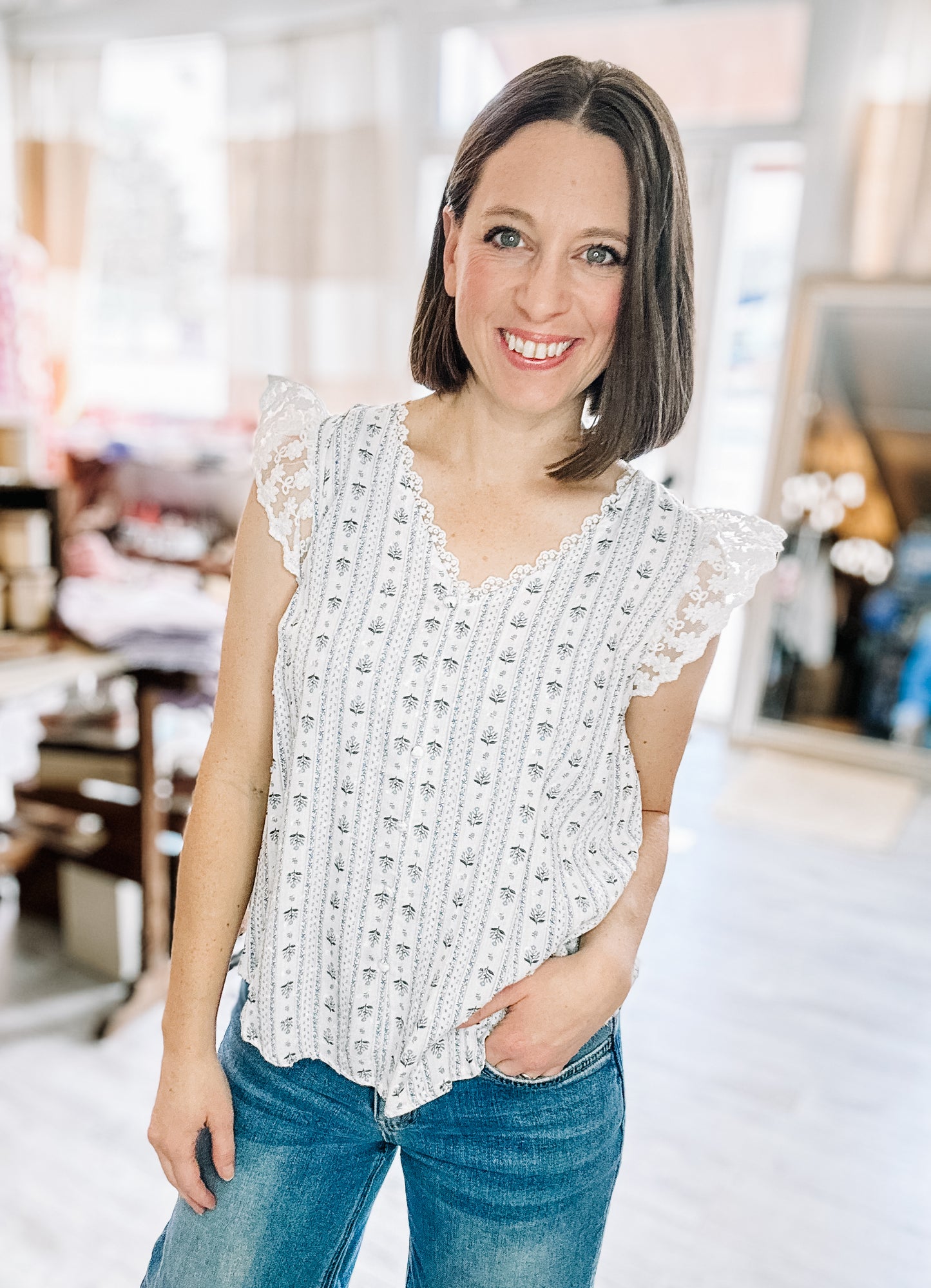 Stripe Floral V Neck Lace Trim Button Down in Blues