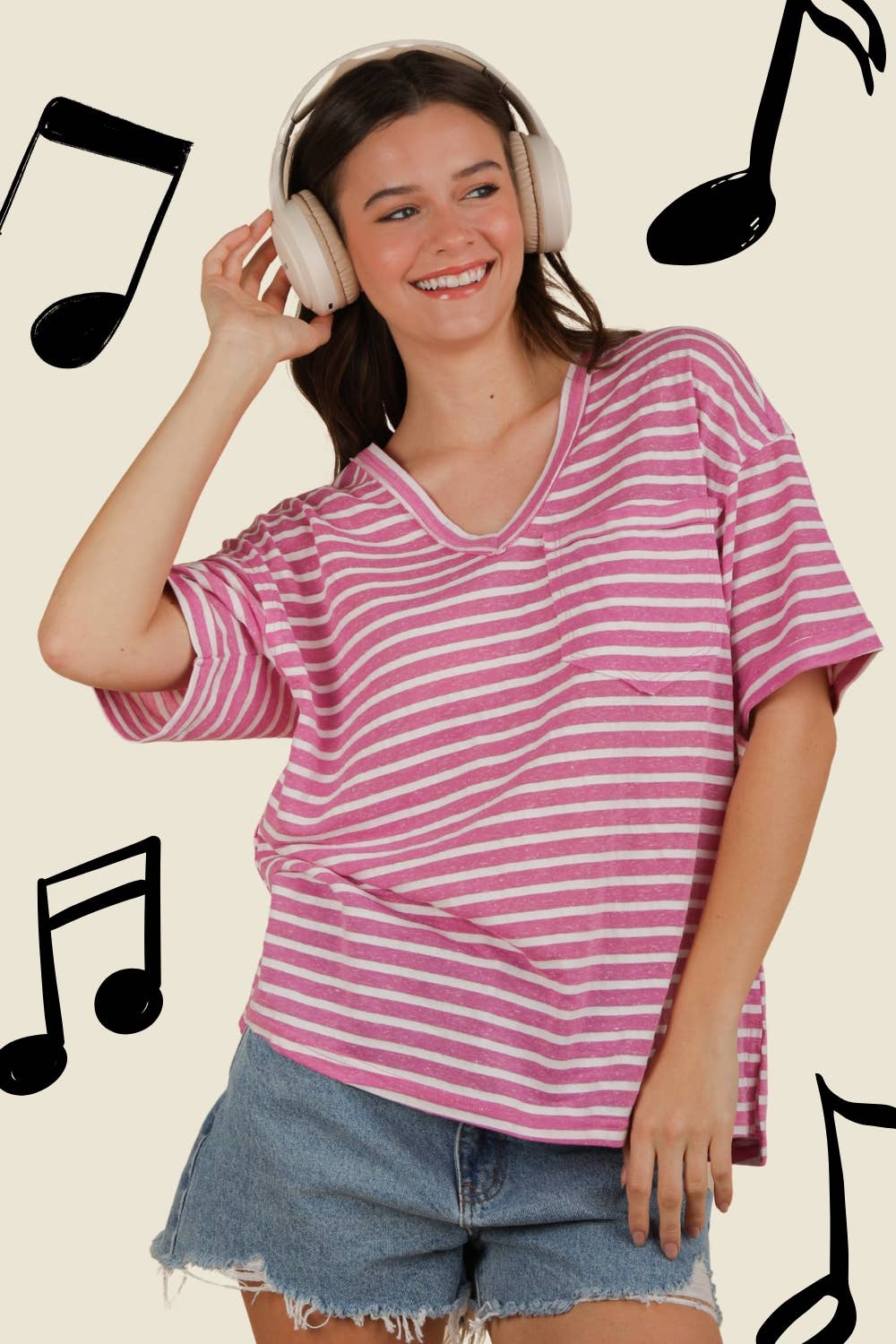 Oversized Stripe Casual V-Neck Knit Top in Orchid