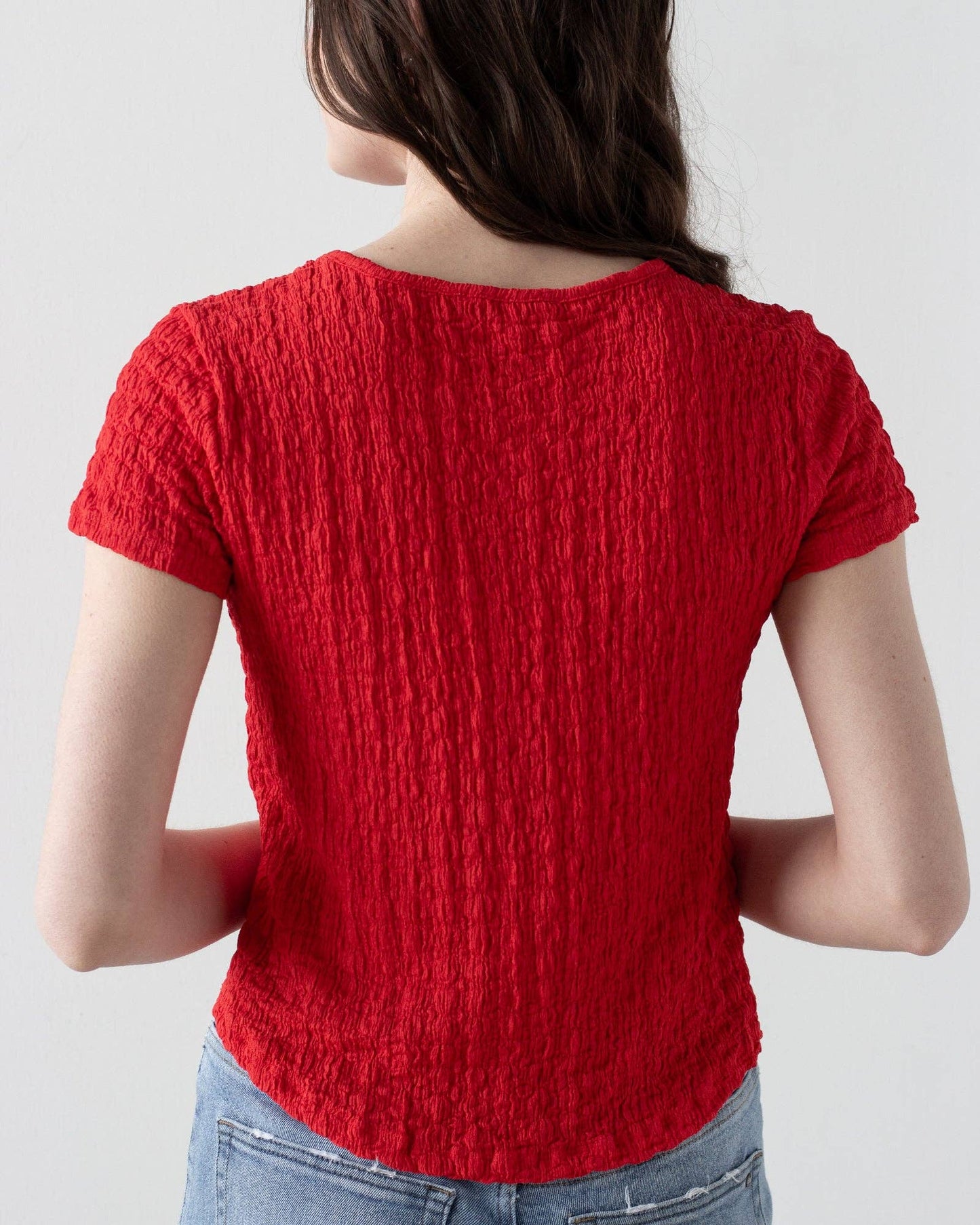 Popcorn Textured Short Sleeve Knit Top in Flame Scarlet