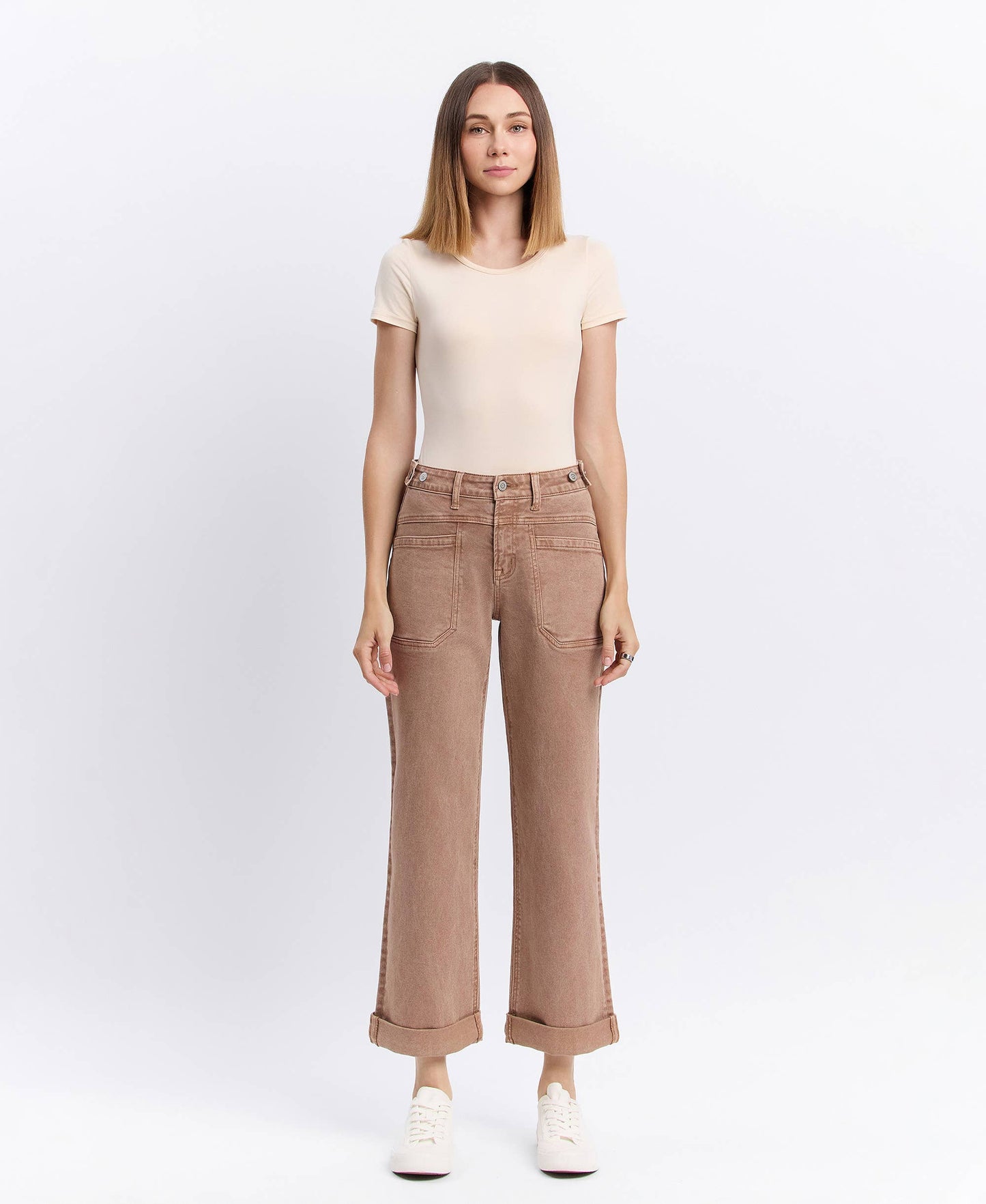 High Rise Tab Wide Denim in Warm Taupe by Flying Monkey