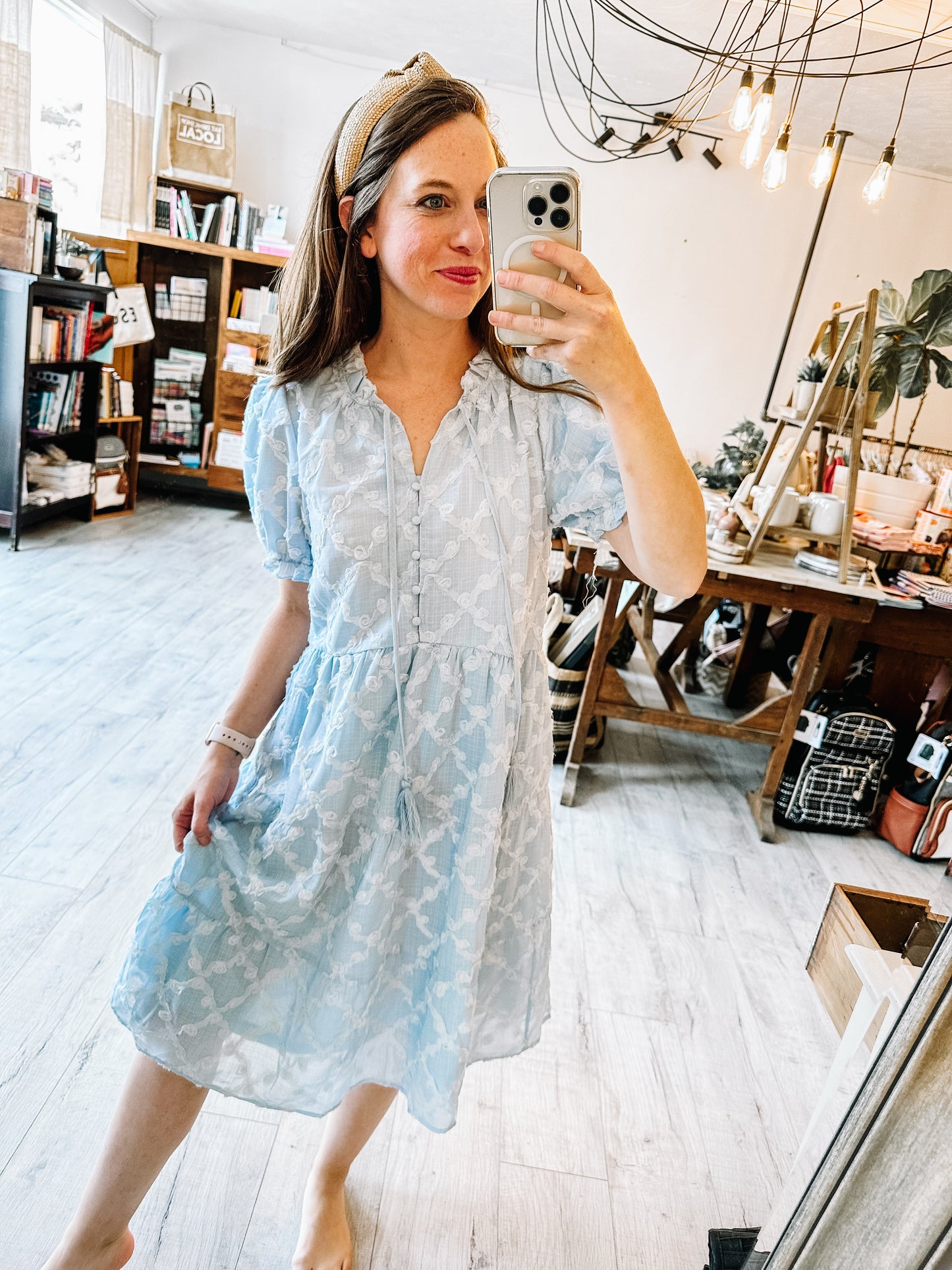 Novelty Texture Woven Tiered Dress in Light Blue