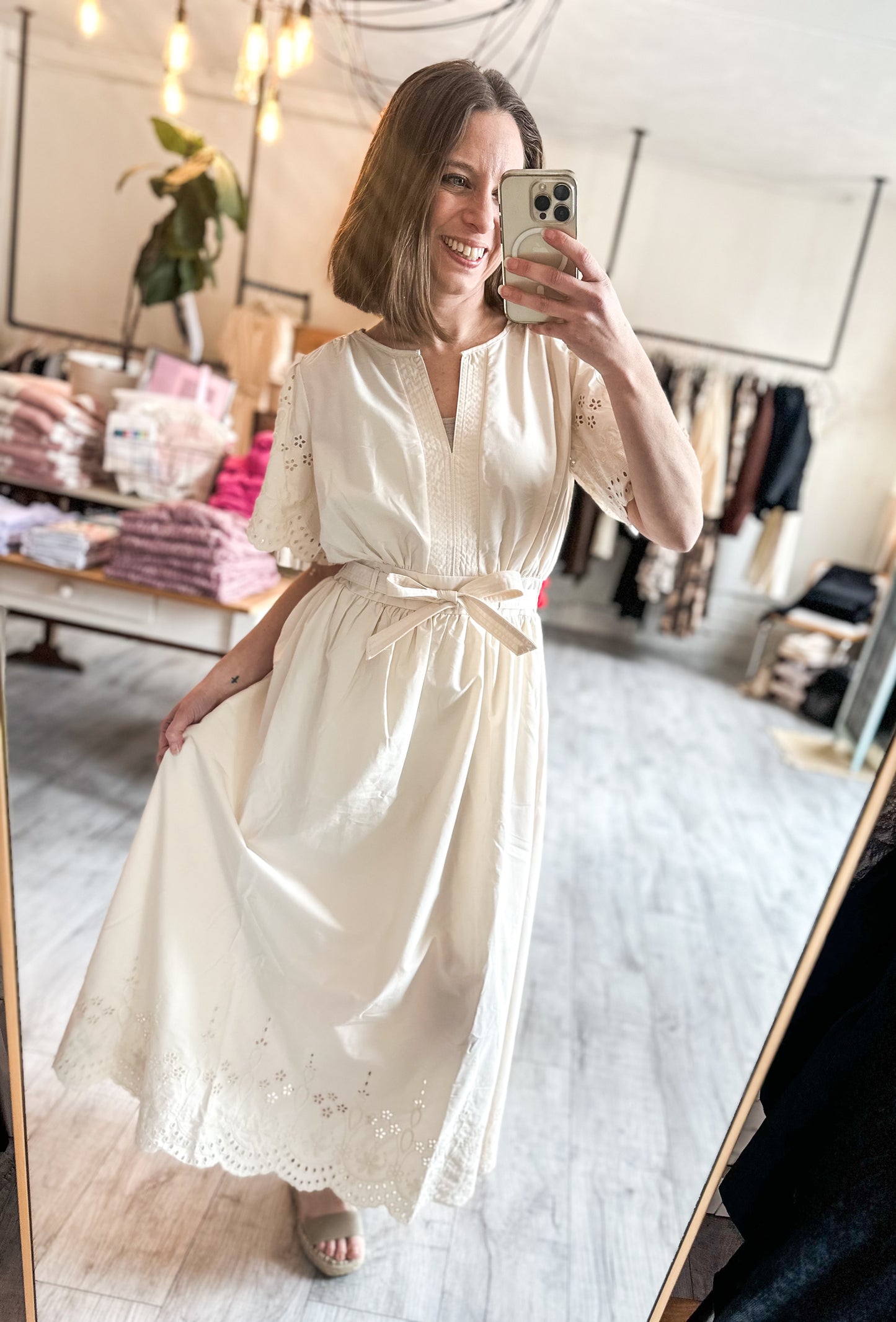 Embroidered Eyelet Belted Mid Dress in Champaign Ivory