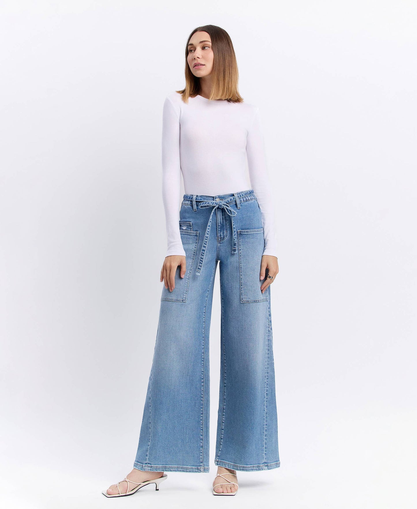 High Rise Elastic Tie Waistband Wide Denim by Flying Monkey