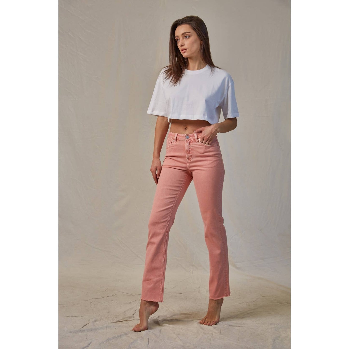 High Rise Vintage Garment Dyed Straight Denim in Peachy Pink by MICA