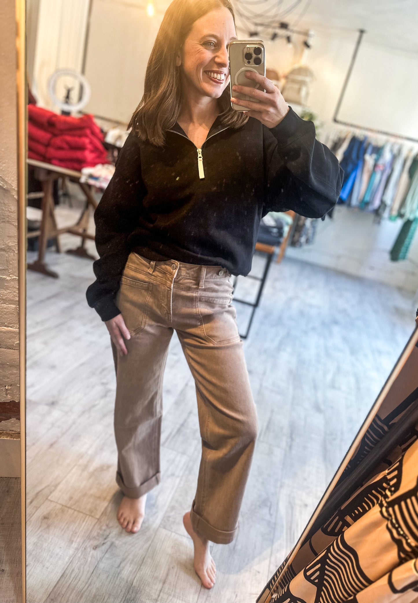 High Rise Tab Wide Denim in Warm Taupe by Flying Monkey