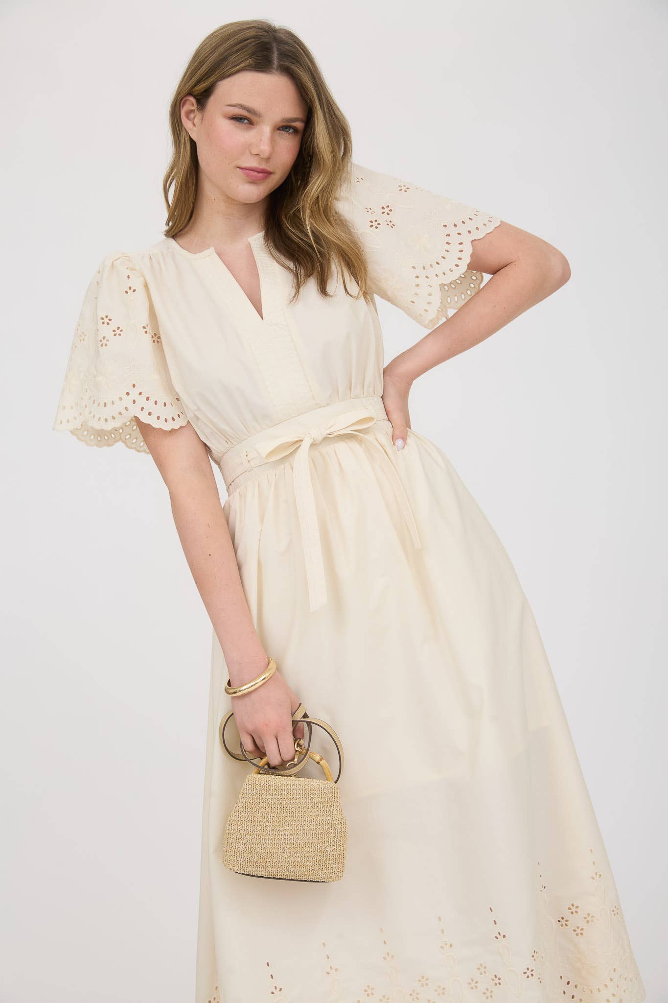 Embroidered Eyelet Belted Mid Dress in Champaign Ivory