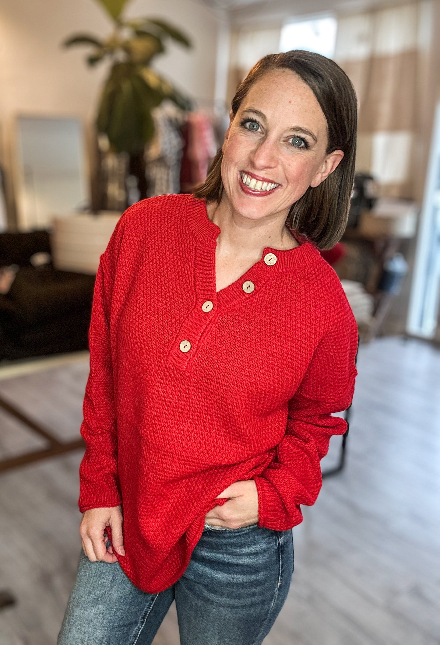 4 Button Henley Sweater in Ruby Red