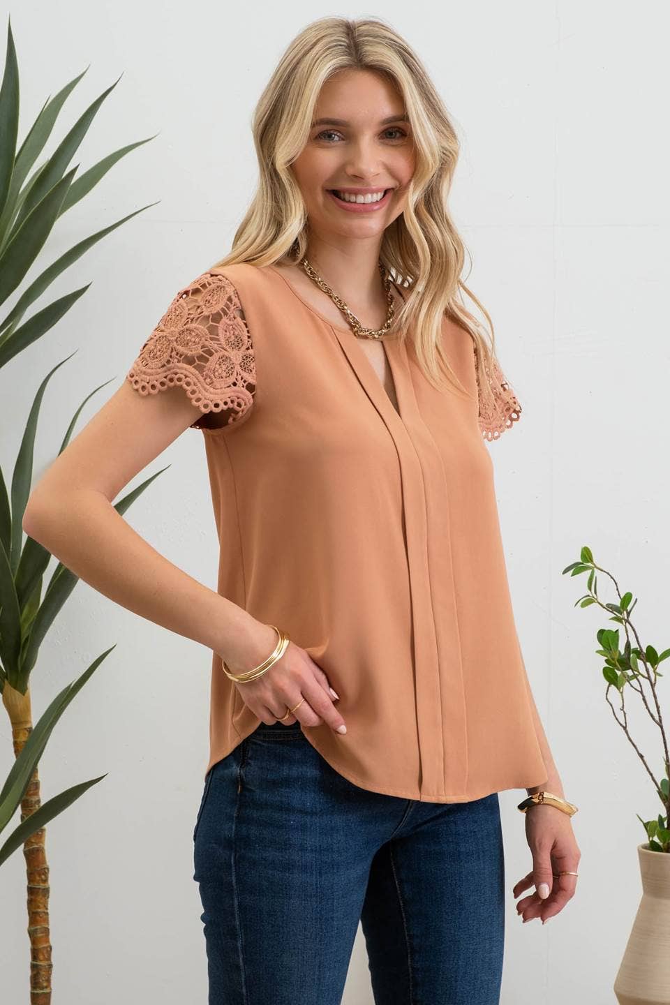Eyelet Lace Sleeve Blouse in Light Sienna