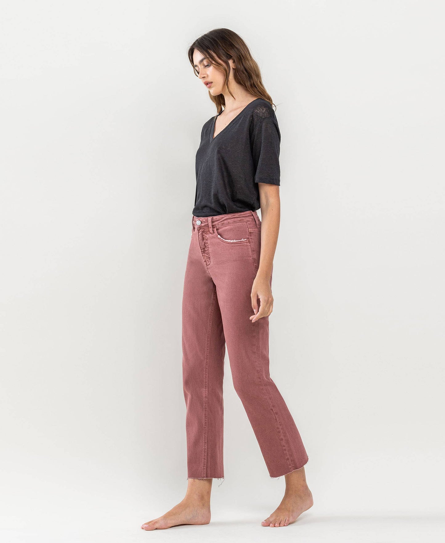 Raw Hem Crop Straight Medium/High Rise in Desert Rose