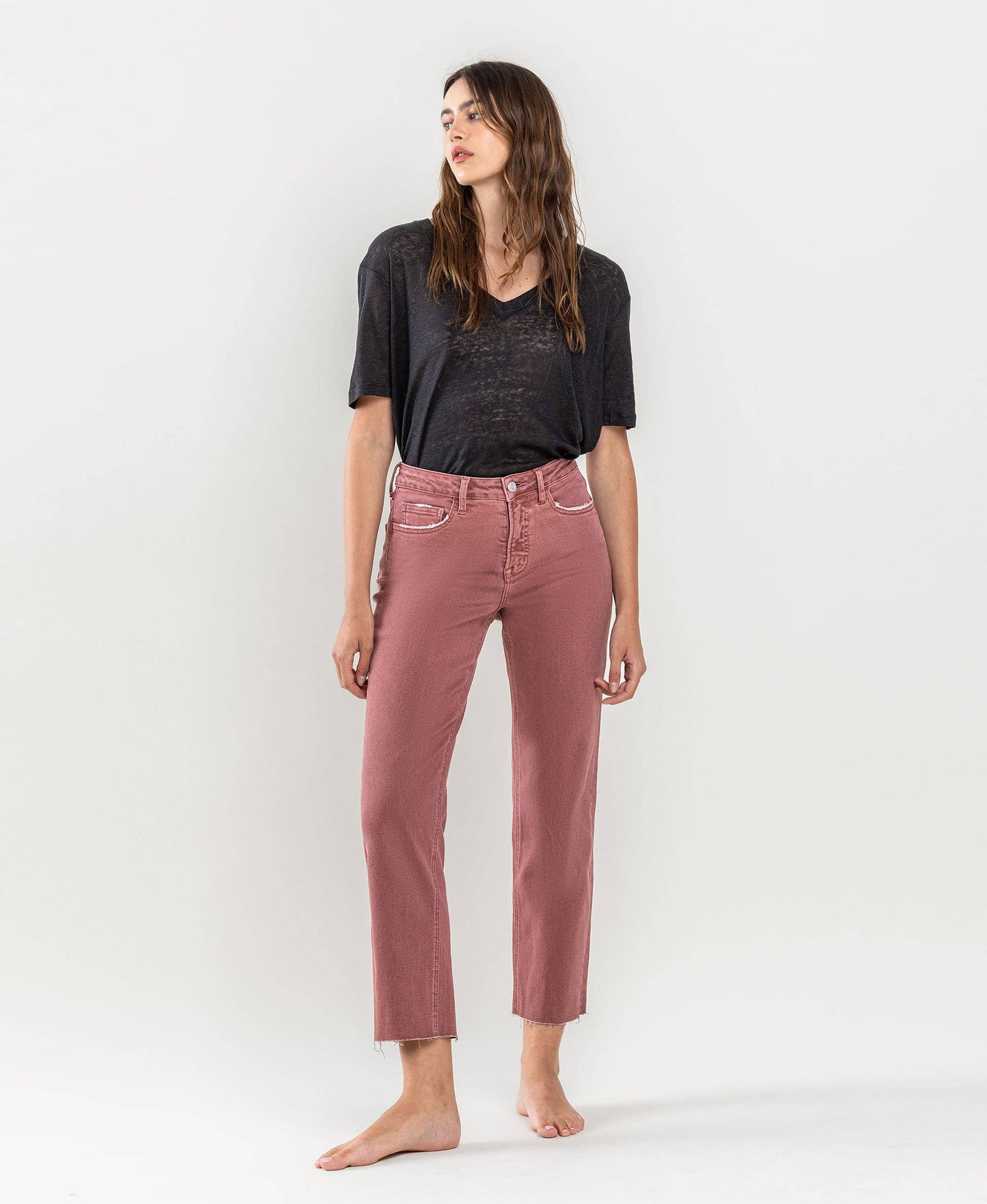 Raw Hem Crop Straight Medium/High Rise in Desert Rose