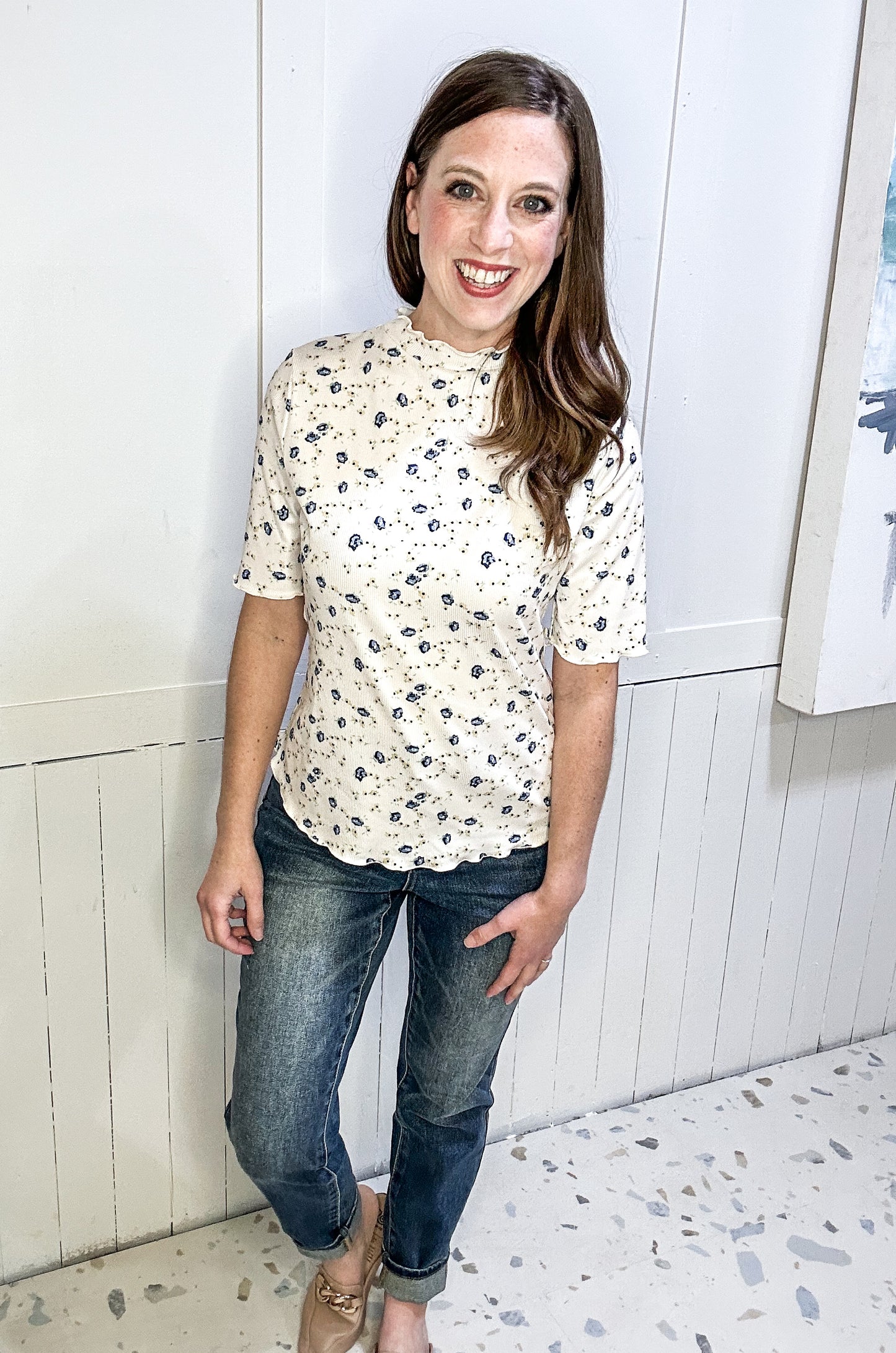 Ribbed Knit Floral Top in Cream and Blue