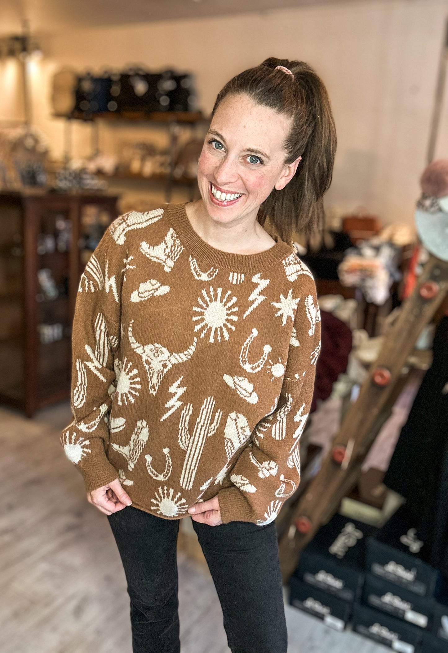 Western Graphic Oversized Knit Sweater Top