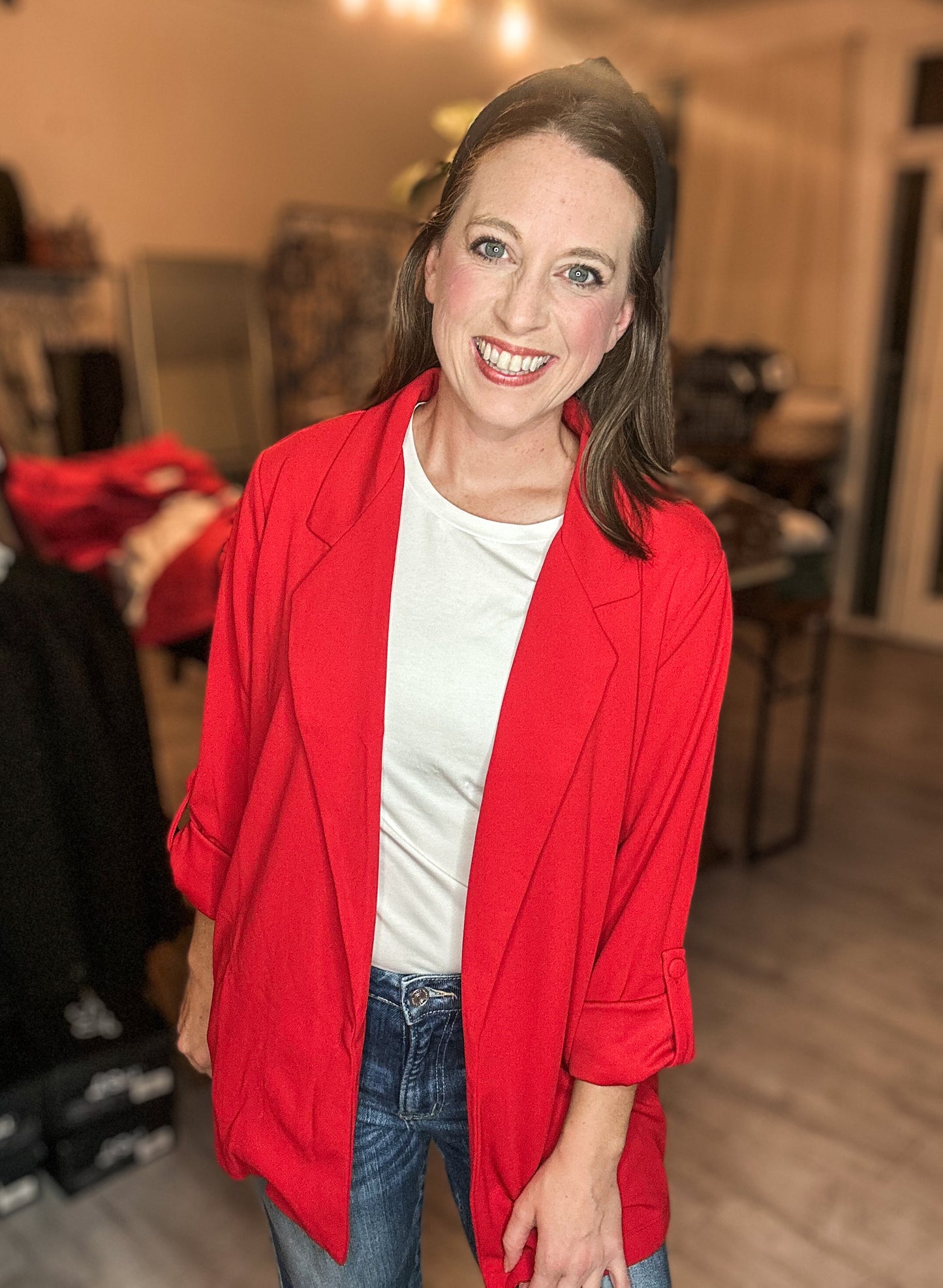 Open Front Relaxed Boyfriend Blazer in Red