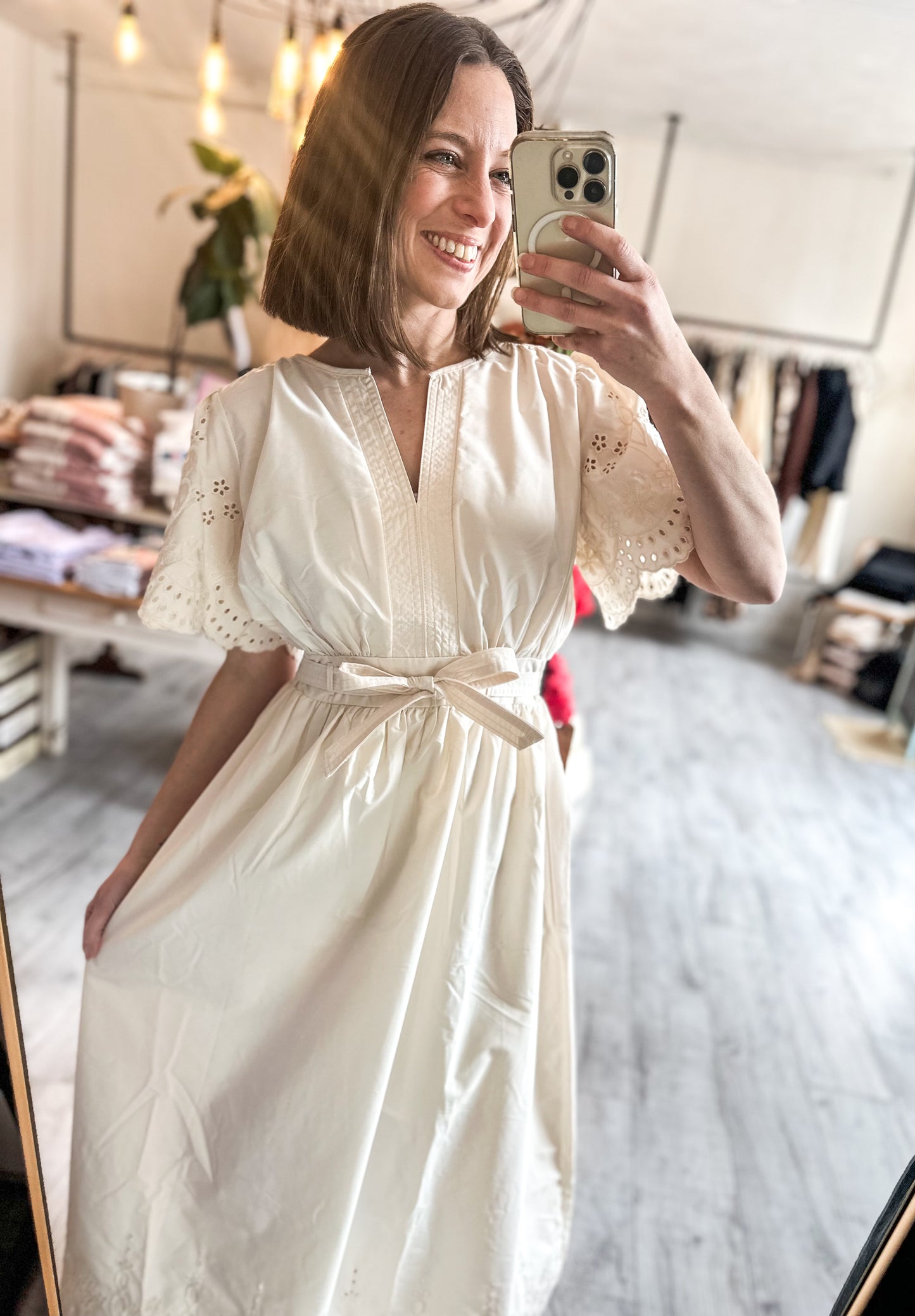 Embroidered Eyelet Belted Mid Dress in Champaign Ivory