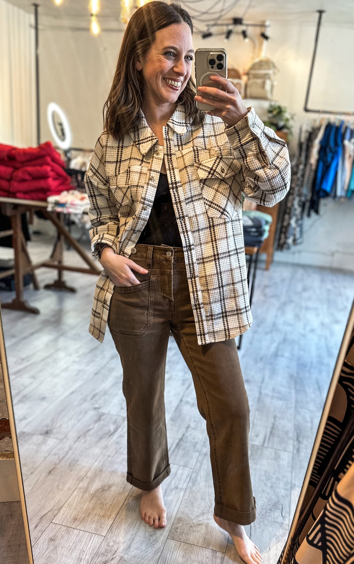 Oversized Checkered Casual Shacket Jacket in Cream