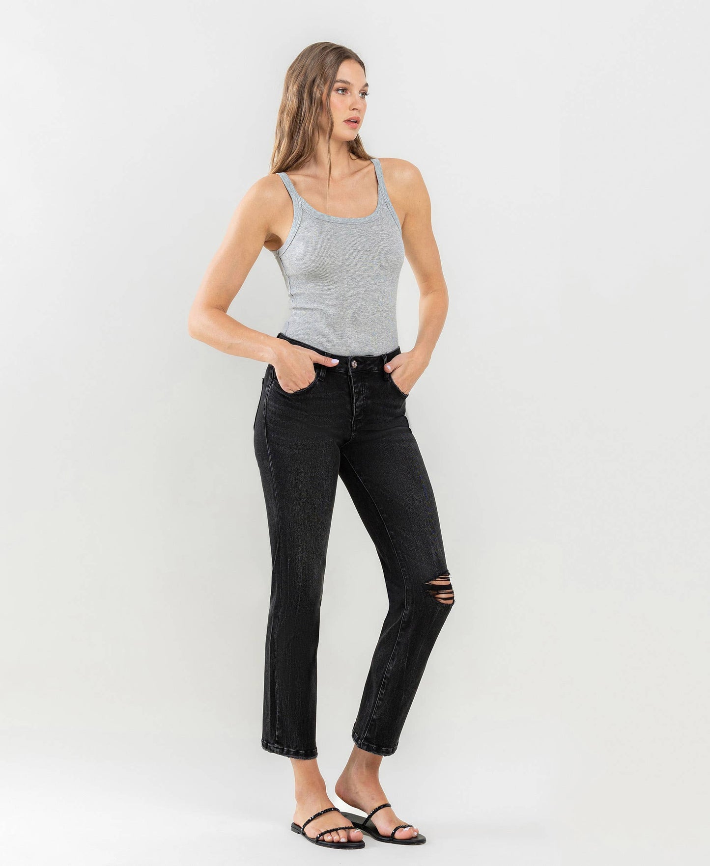 High Rise Distressed Straight Jeans in Washed Black