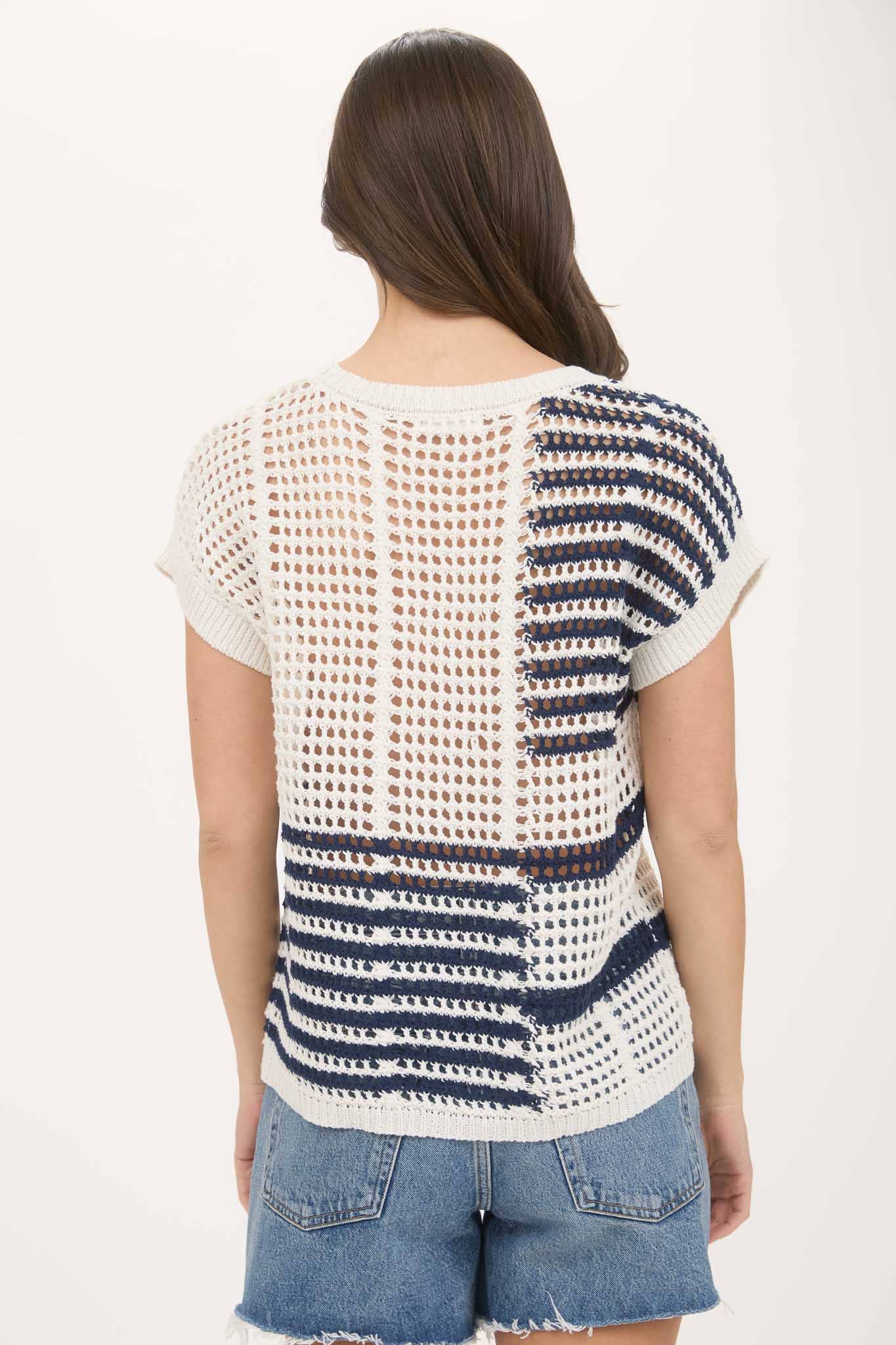 Multi Stripe Short Sleeve Crochet Knit Top in Navy
