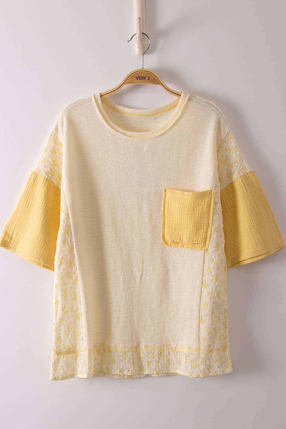Oversized Mixed Media Knit Top in Light Lemon