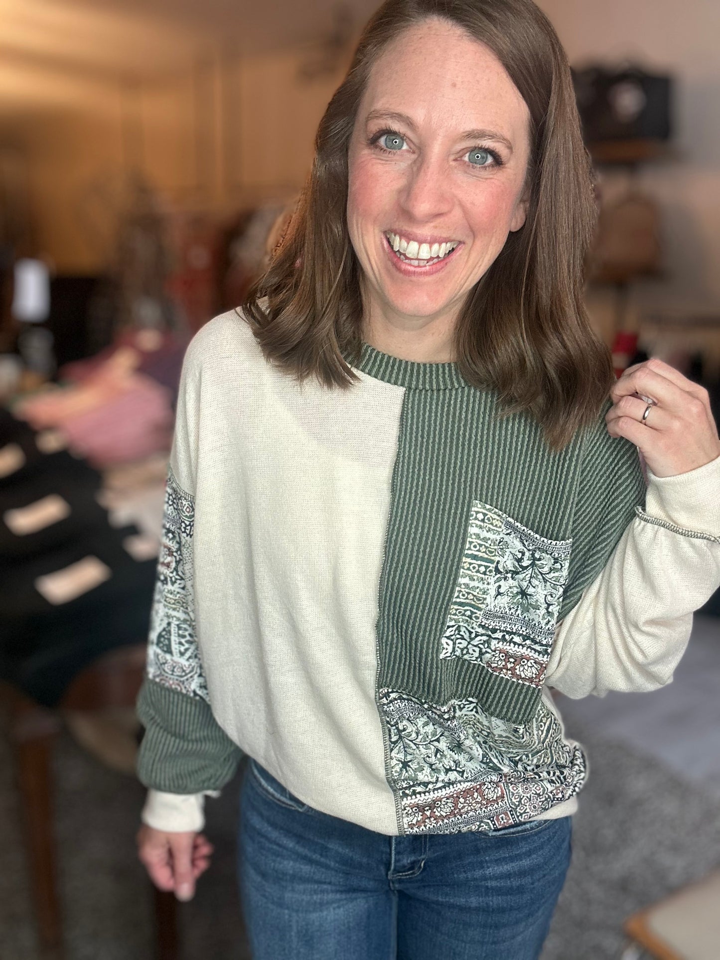 Patchwork Knit Long Sleeve Pullover Top in Burgundy or Olive