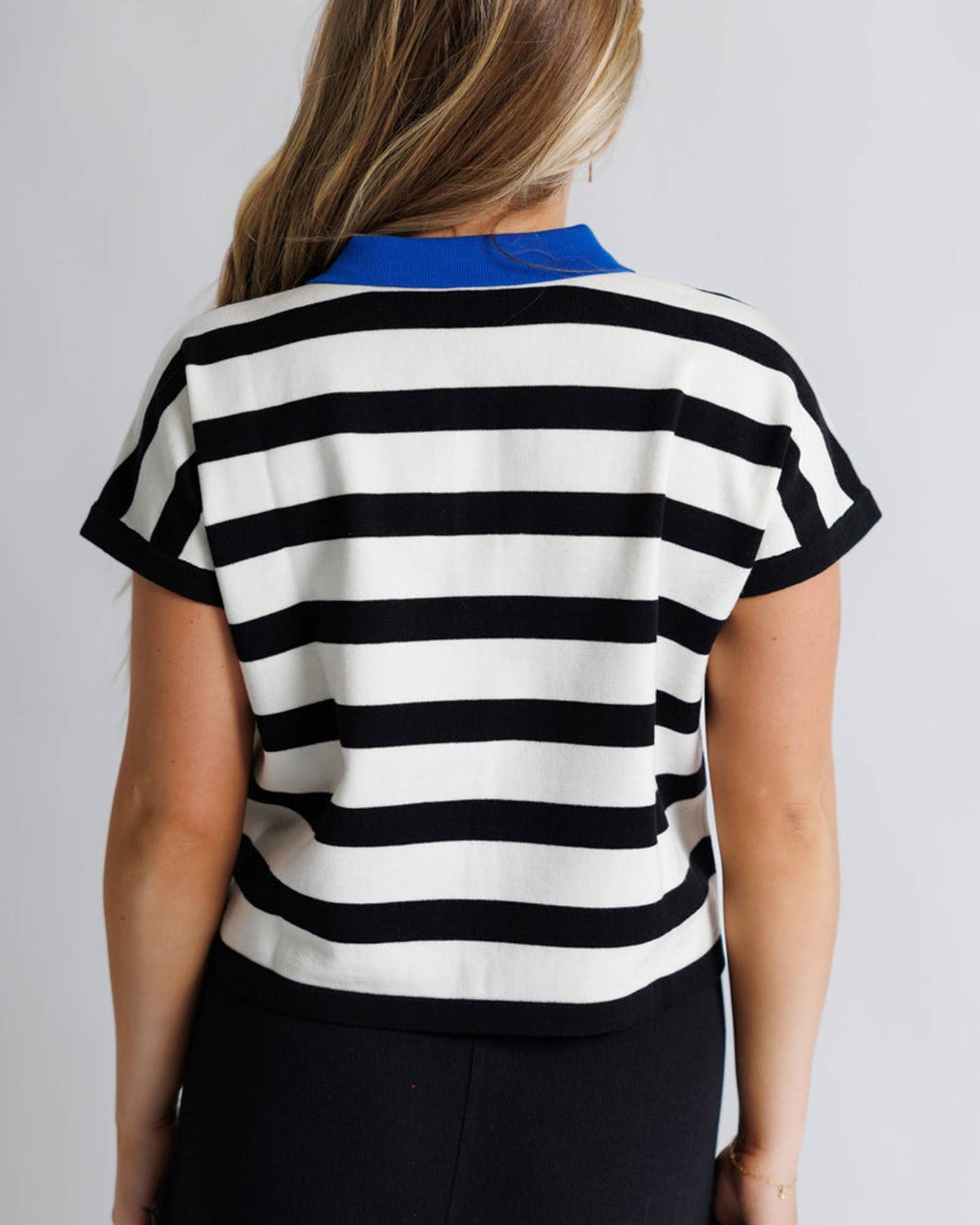 Promenade Black and White Striped Sweater Polo Pullover