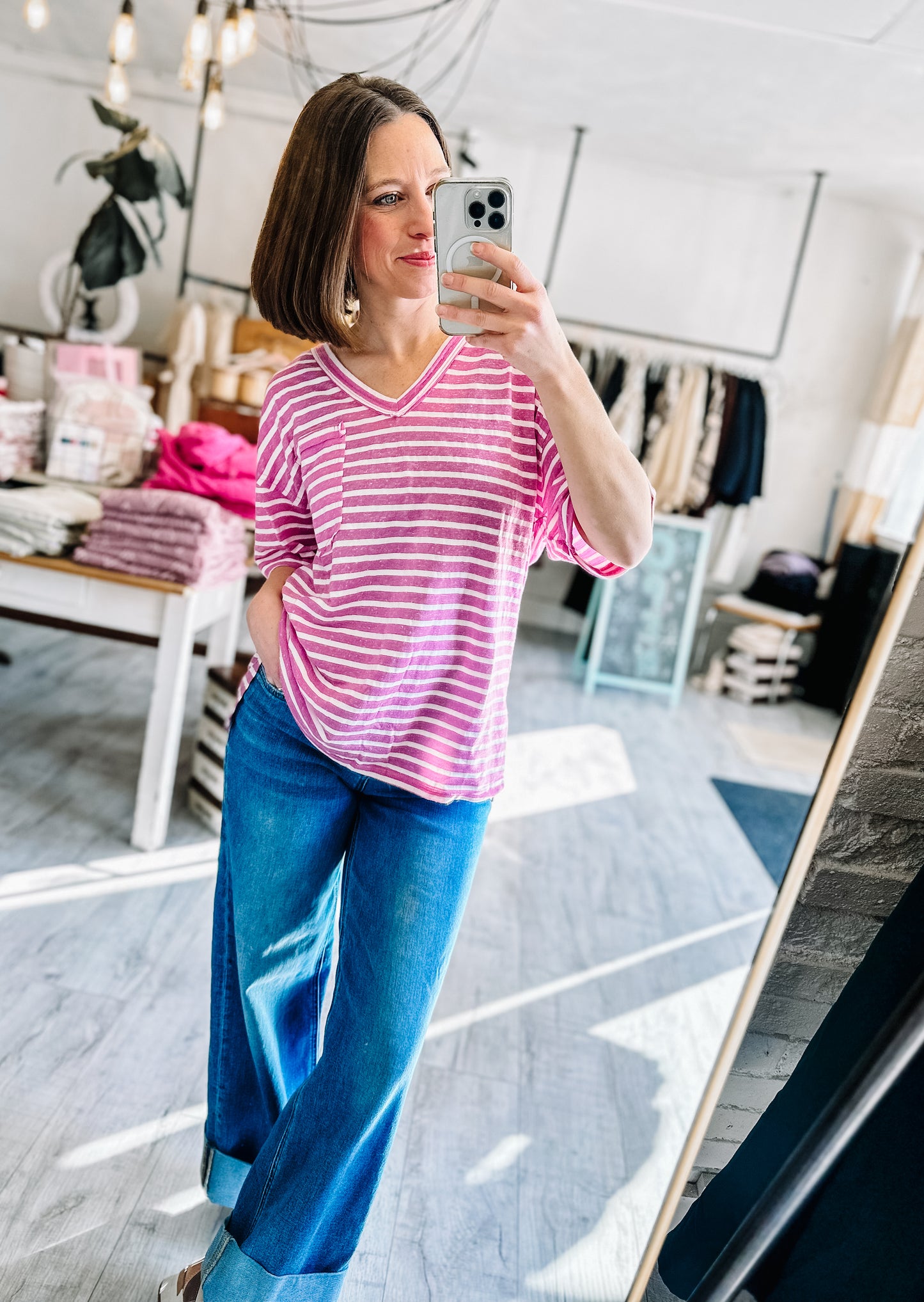 Oversized Stripe Casual V-Neck Knit Top in Orchid