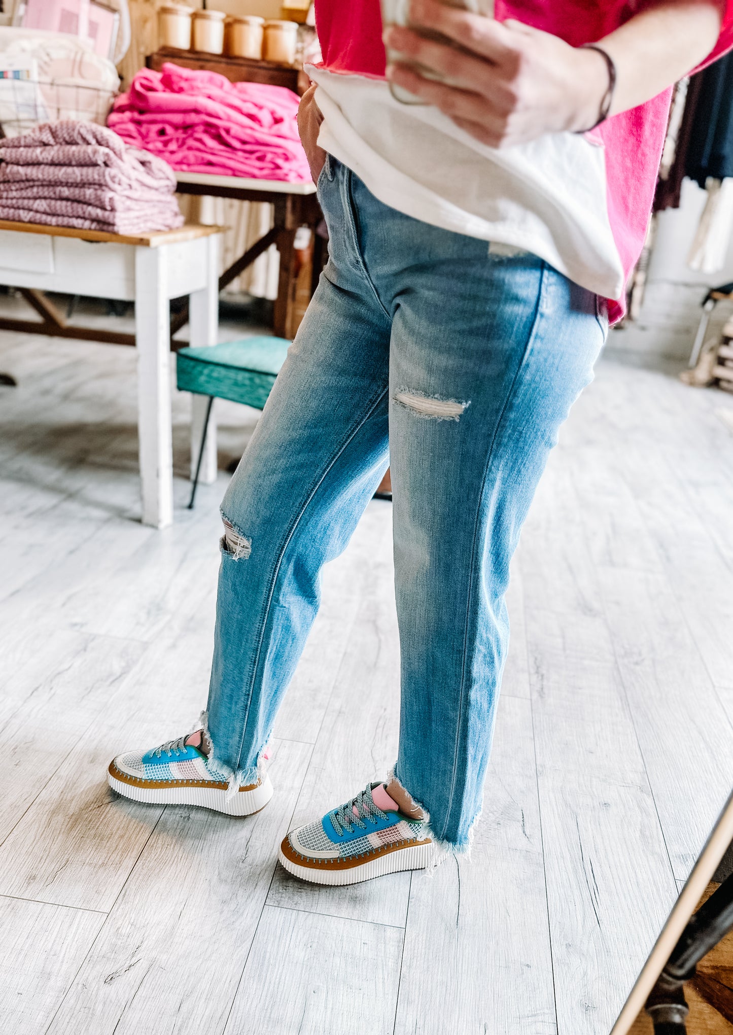 High Rise Distressed Crop Slim Wide Denim