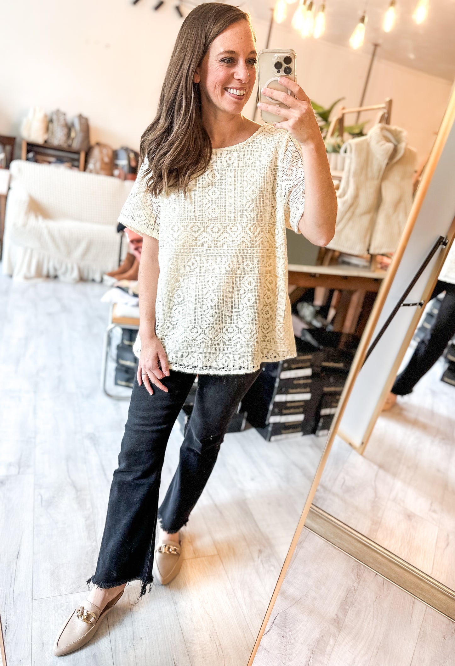 Smock Front Embroidery Short Sleeve Blouse in Natural