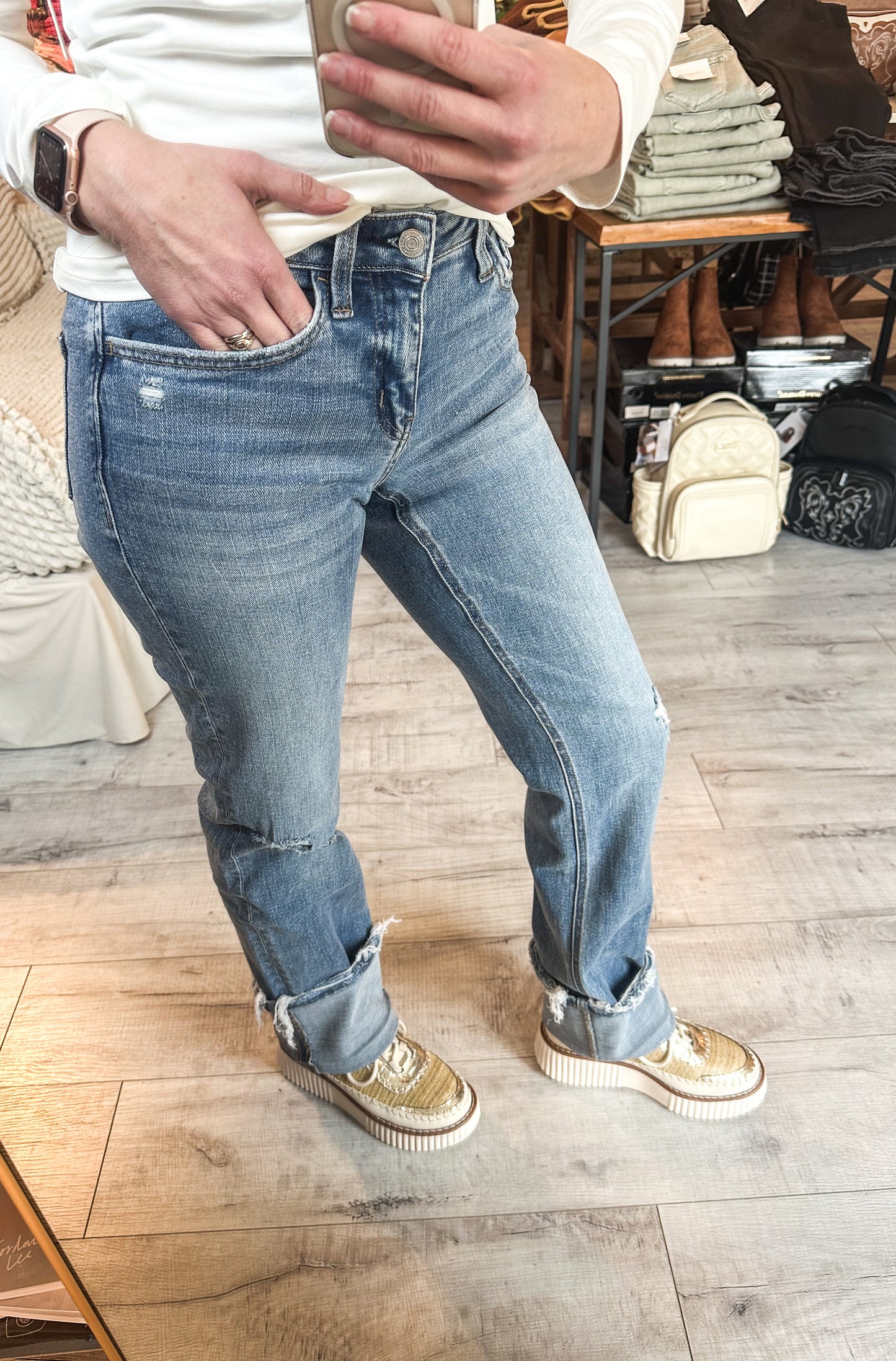 Mid Rise Cuffed Straight Denim