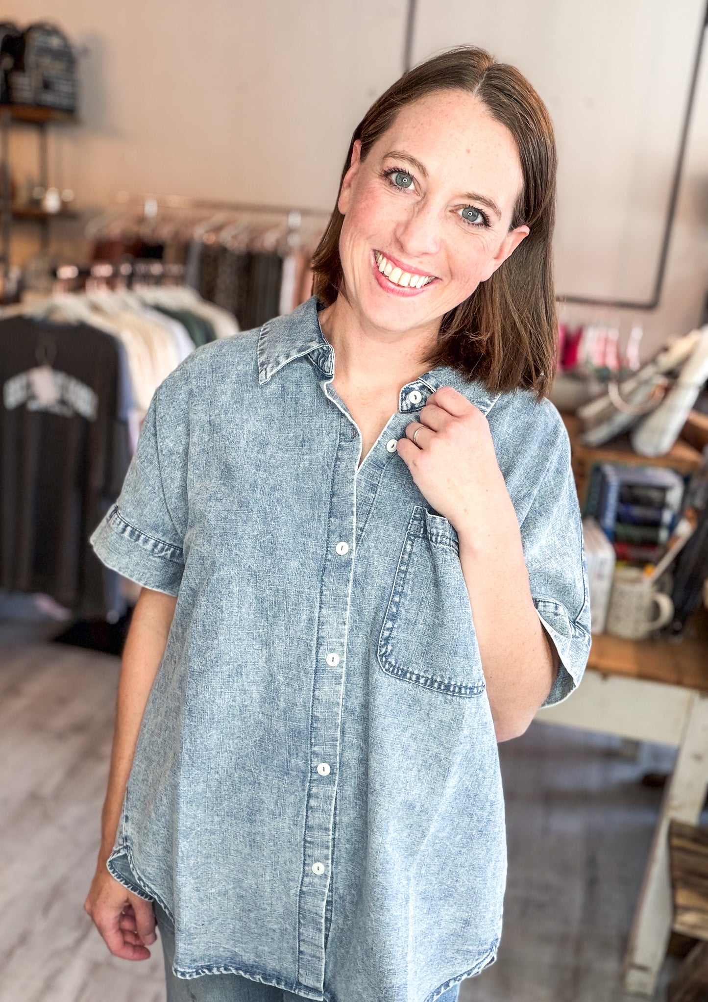 Mineral Washed Chambray Oversized Shirt Top in Indigo