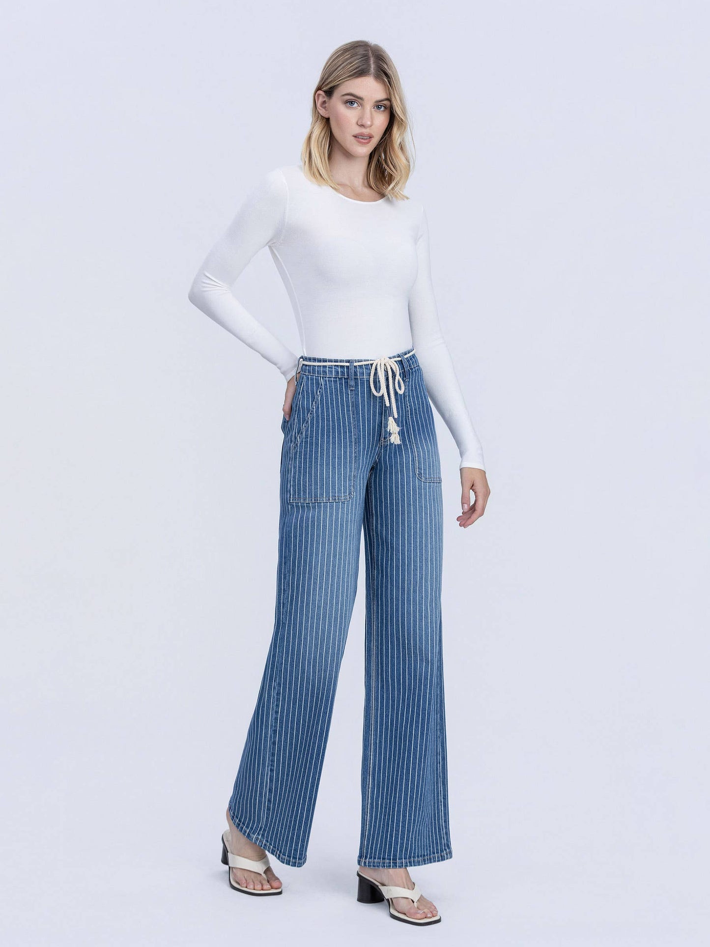 High Rise Drawcord Stripe Wide Denim by Lovervet