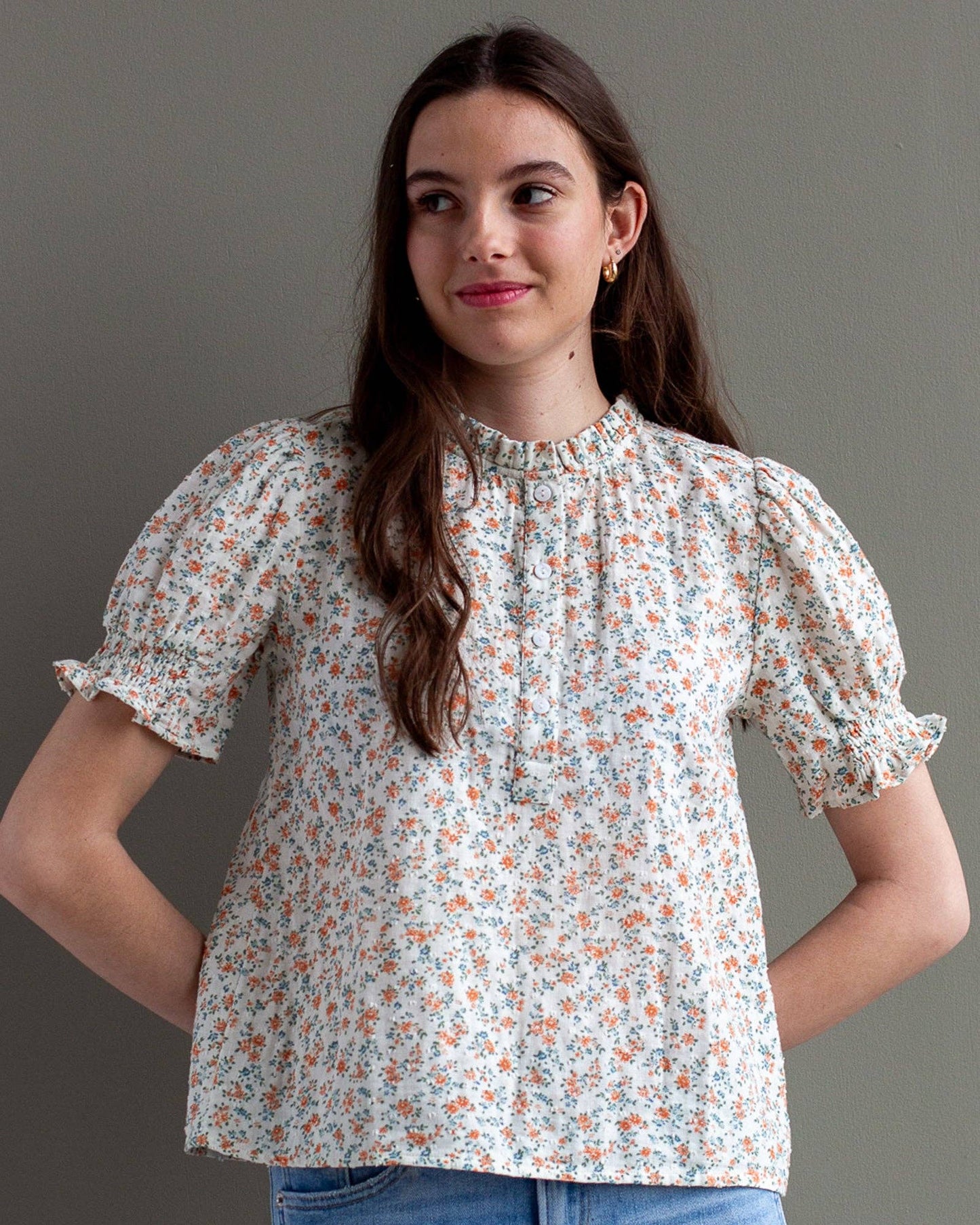 Aria Dainty Floral Print Short Sleeve Ruffle Neckline Blouse