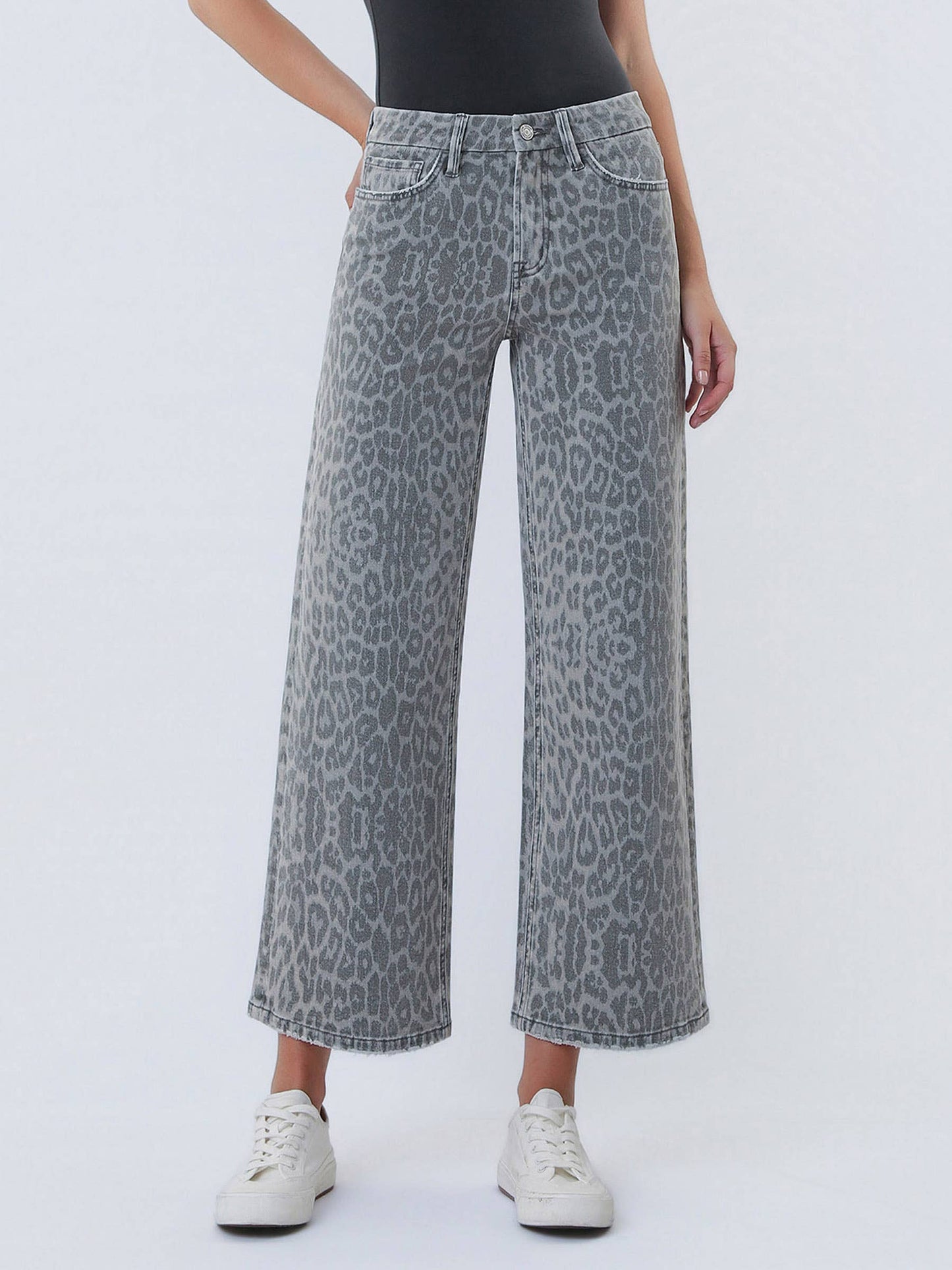 High Rise Grey Leopard Wide Leg Denim by Vervet