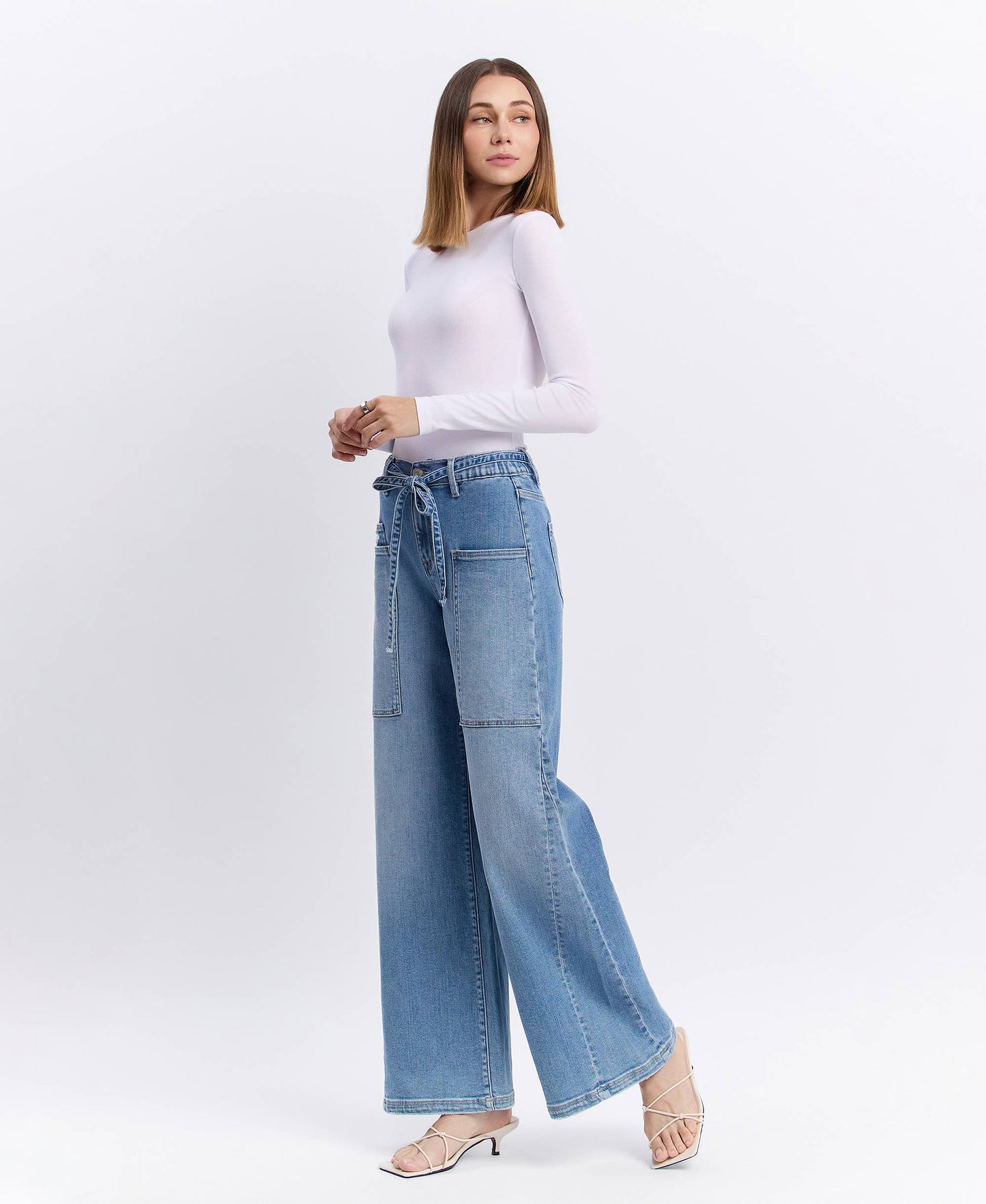 High Rise Elastic Tie Waistband Wide Denim by Flying Monkey