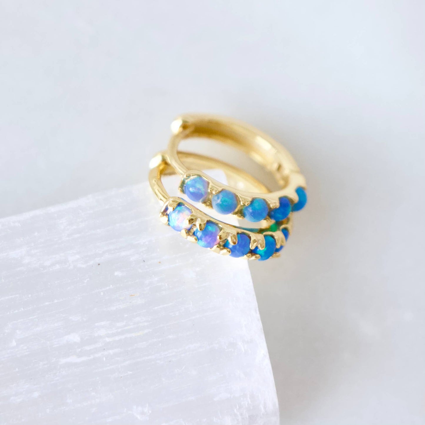 Blue Opal Huggie Hoop Earrings Hypoallergenic, Sterling Silv
