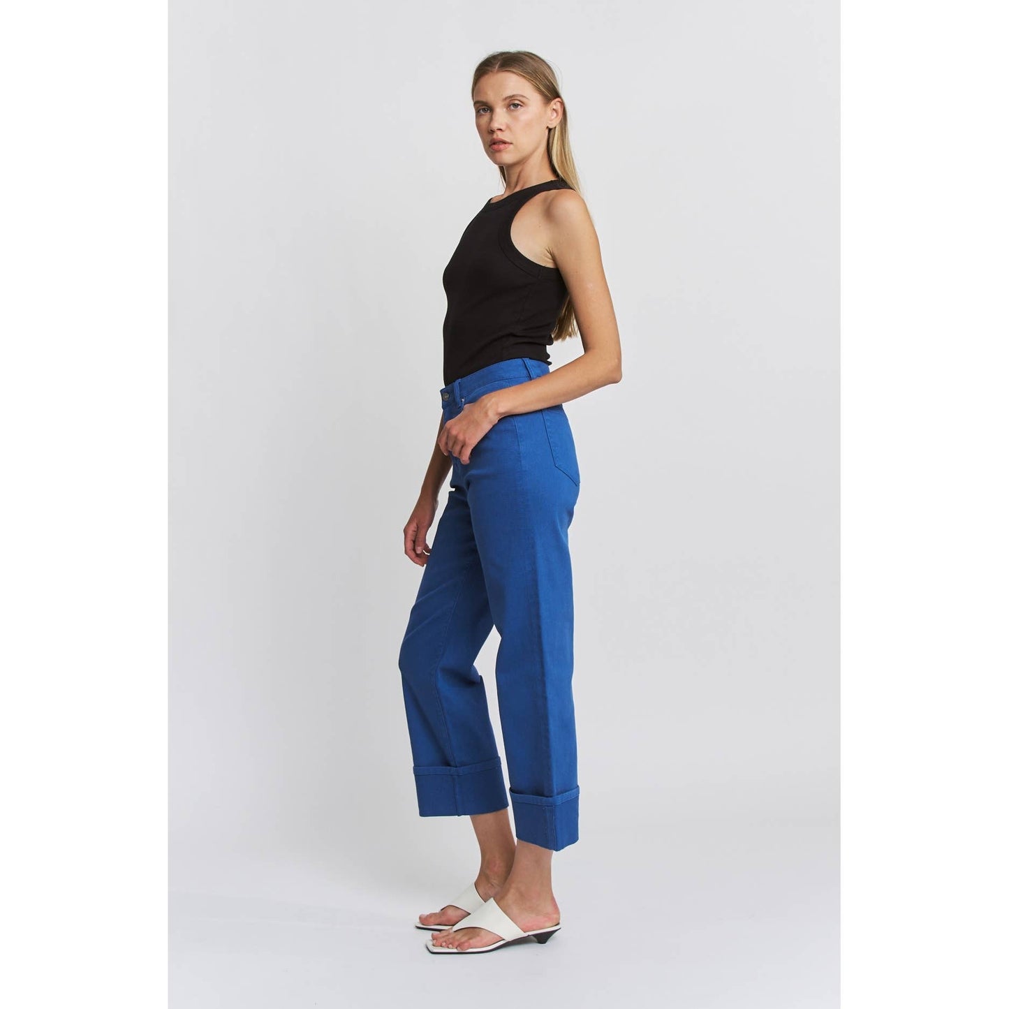 High Rise Wide Crop Cuffed Denim in Bright Blue by MICA
