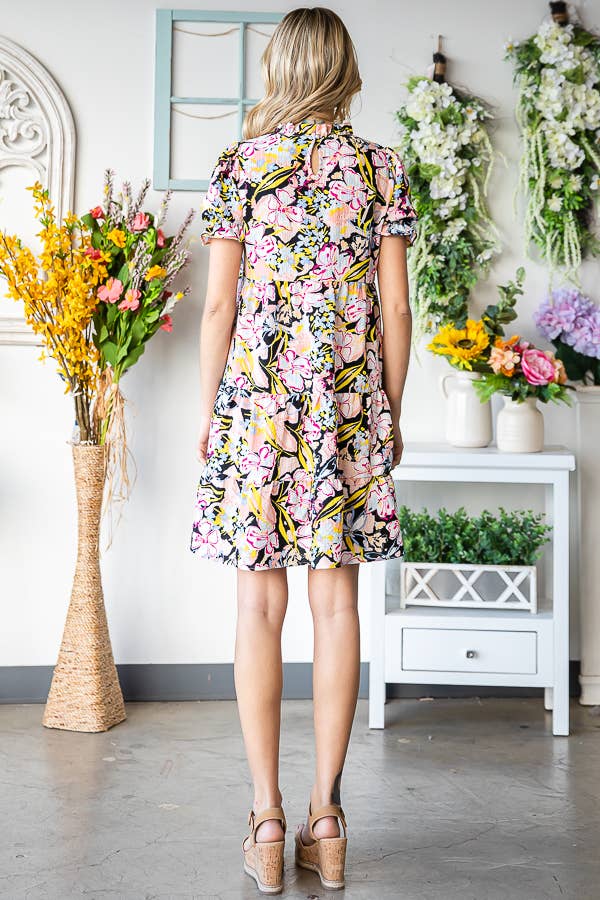 Always Be There Floral Ruffle Mock Neck Dress