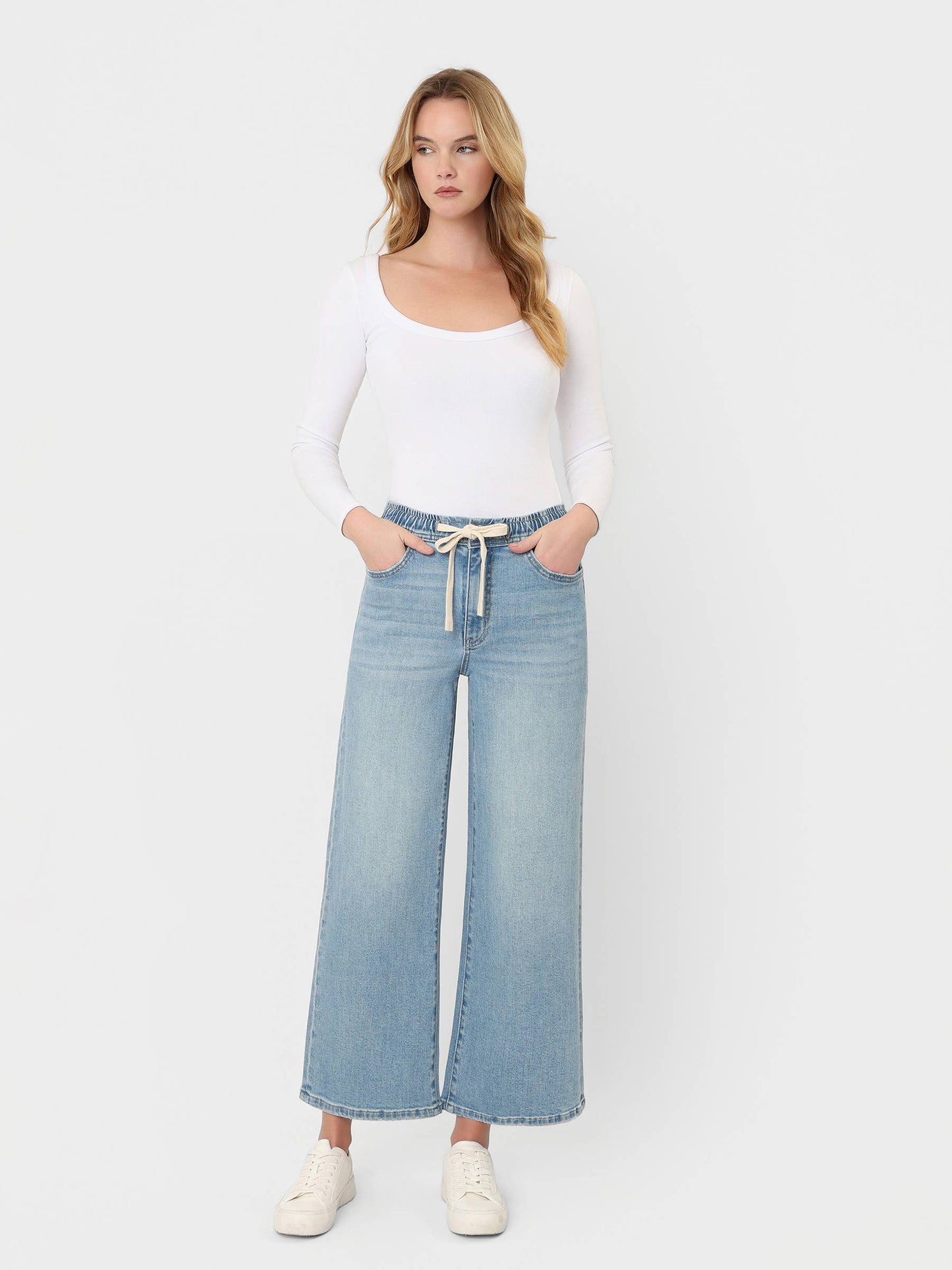 Super High Rise Elastic Crop Wide Denim by Lovervet