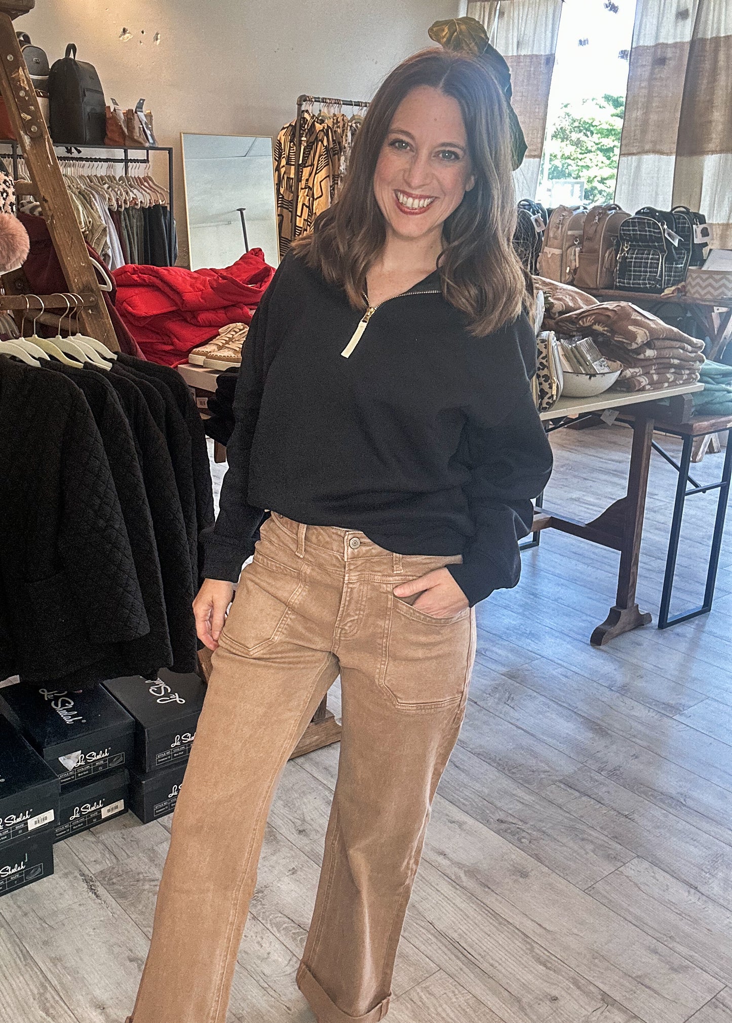 High Rise Tab Wide Denim in Warm Taupe by Flying Monkey