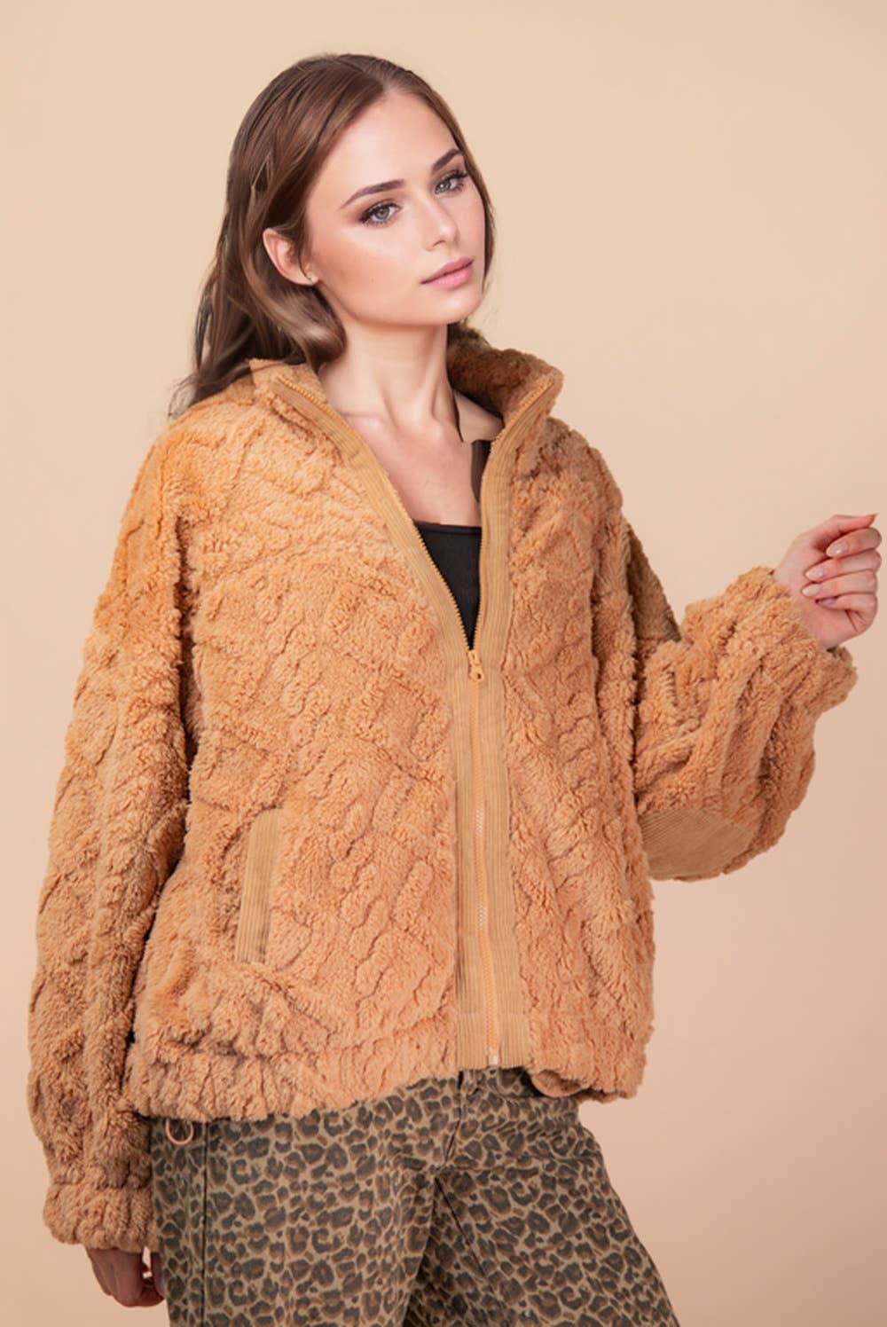 Fuzzy Fleece Cable Pattern Zip Up Jacket in Caramel Mocha