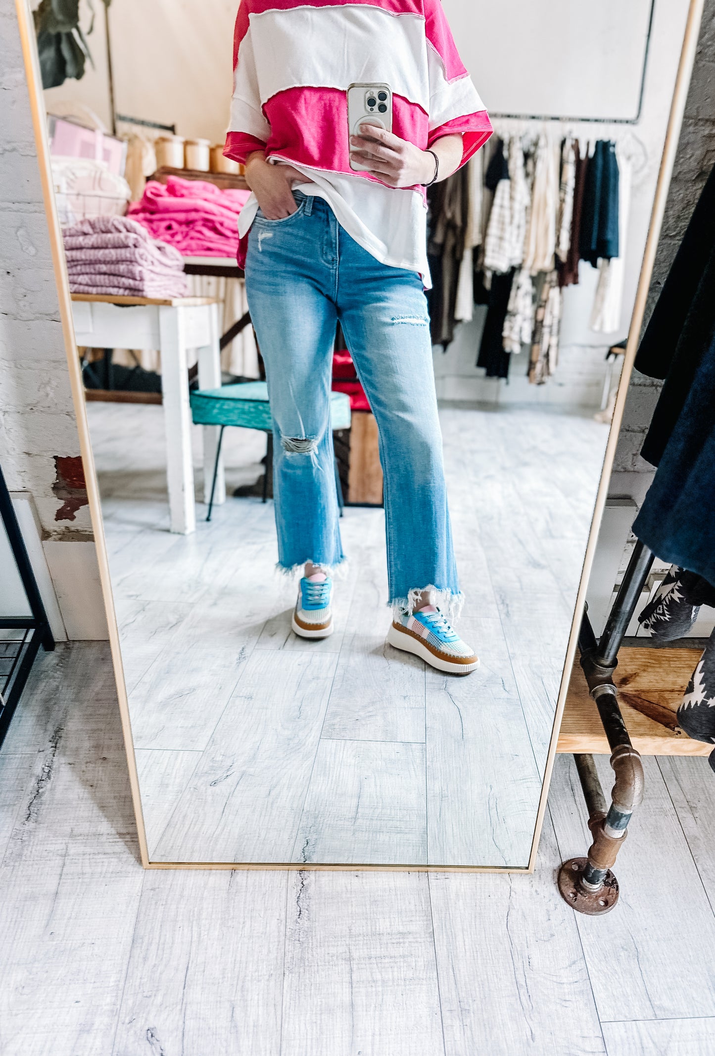 High Rise Distressed Crop Slim Wide Denim