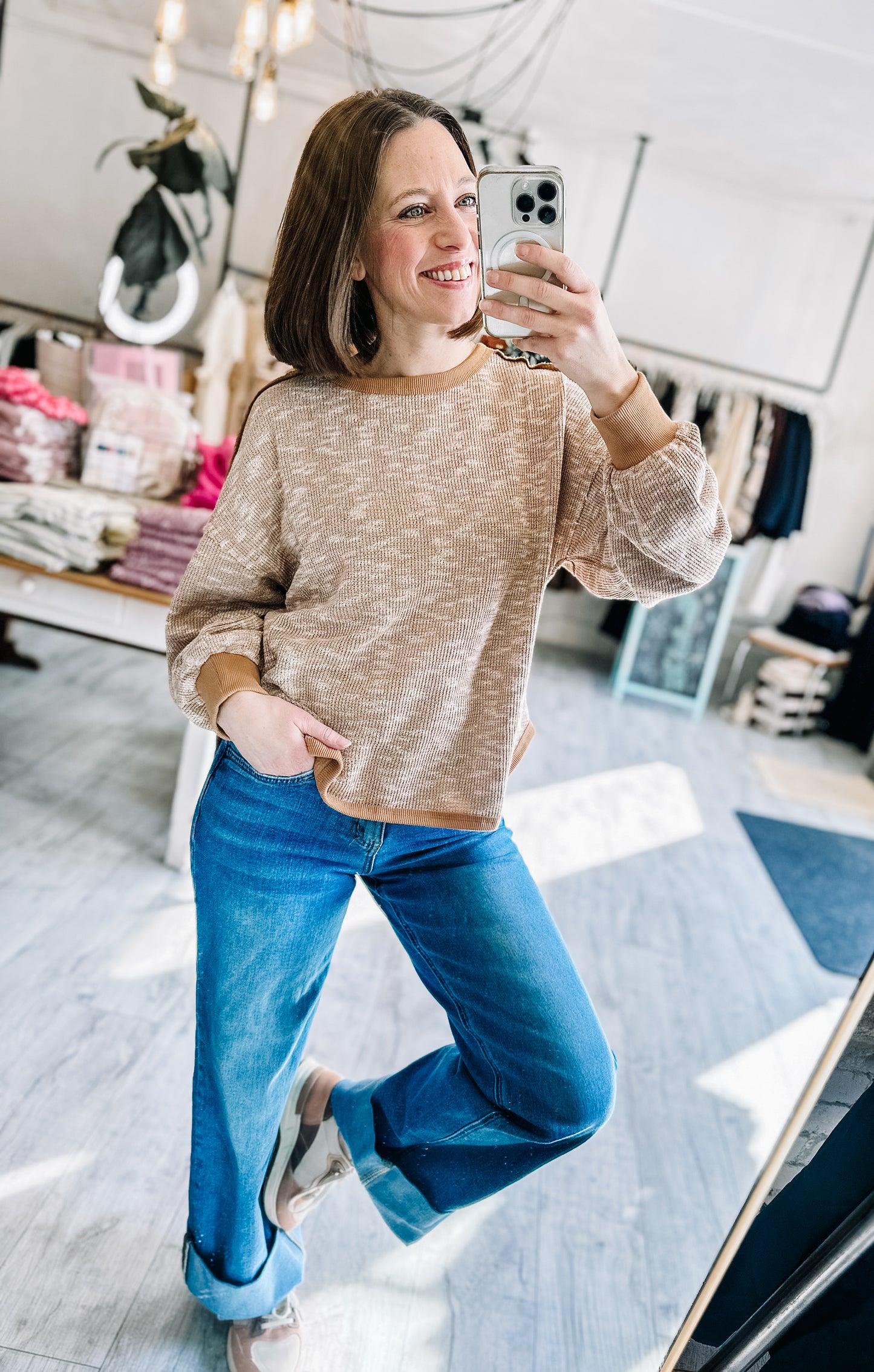 Oversized Printed Knit Casual Top in Mixed Mocha