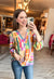 Jaymes Color-block Blouse with V Neck & Balloon Sleeve detail.